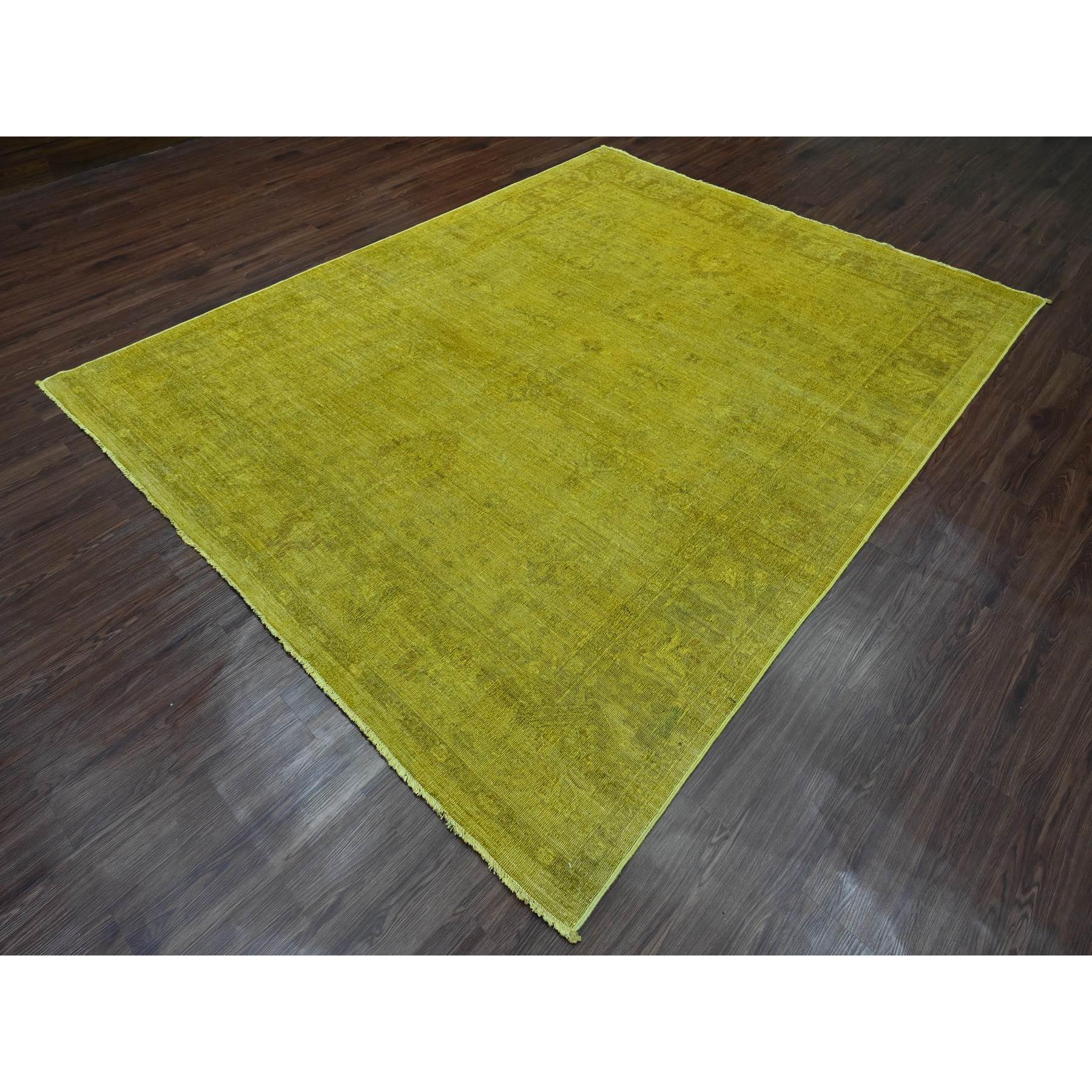 7'7"x9'7" Golden Yellow, Overdyed, Zero Pile, Peshawar with Tribal Design, Hand Knotted, 100% Wool, Distressed, Oriental Rug Sh20369