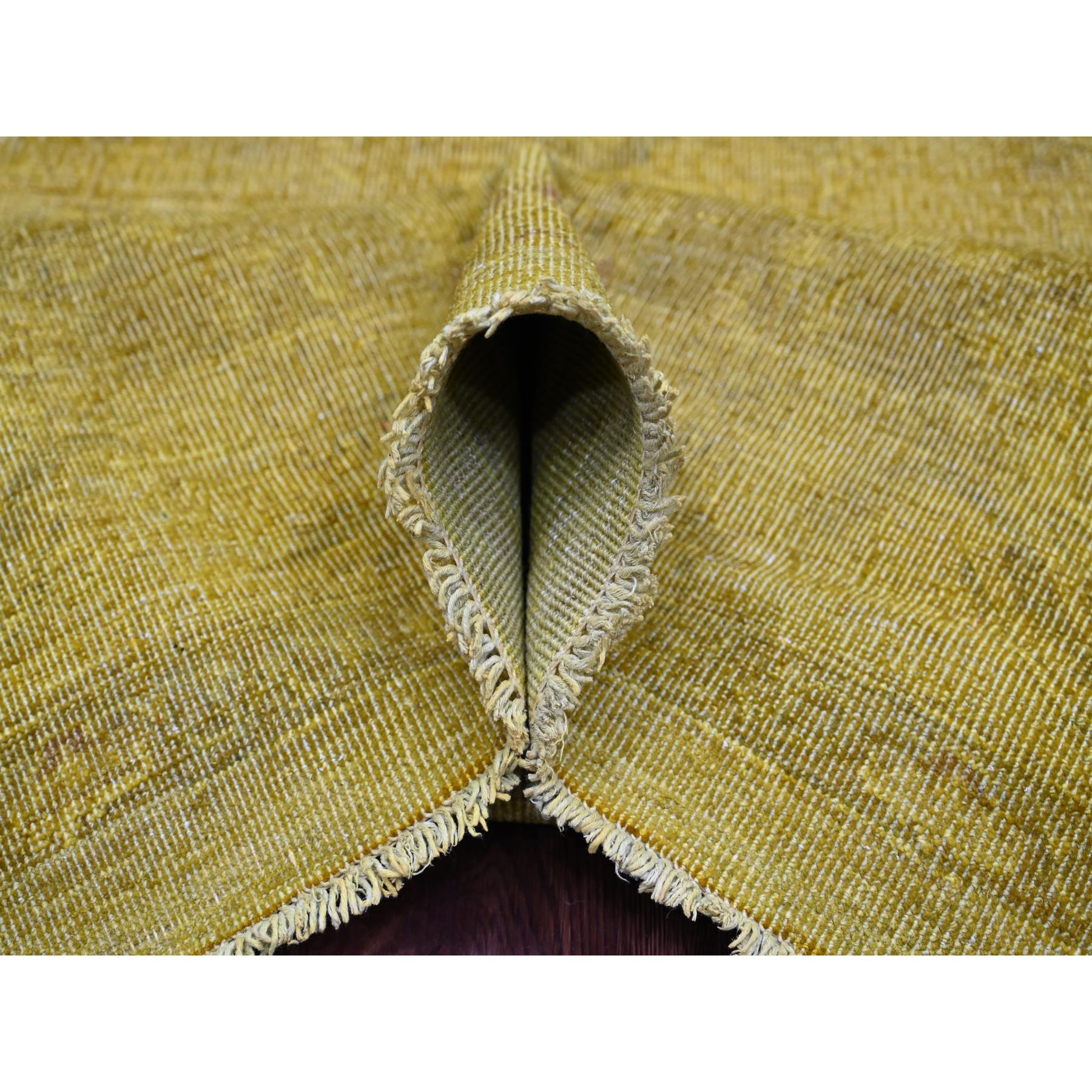 7'7"x9'7" Golden Yellow, Overdyed, Zero Pile, Peshawar with Tribal Design, Hand Knotted, 100% Wool, Distressed, Oriental Rug Sh20369