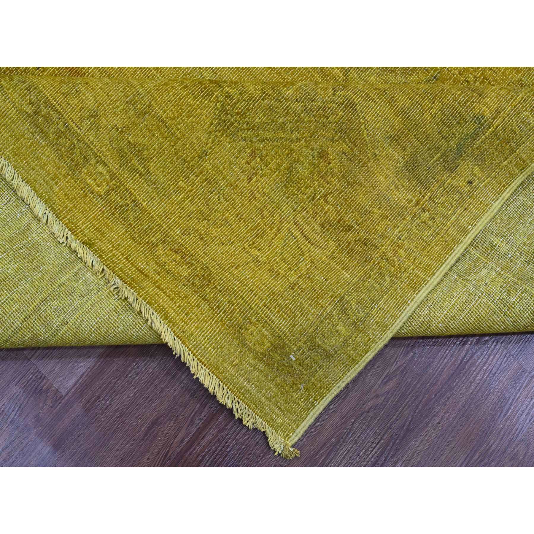 7'7"x9'7" Golden Yellow, Overdyed, Zero Pile, Peshawar with Tribal Design, Hand Knotted, 100% Wool, Distressed, Oriental Rug Sh20369