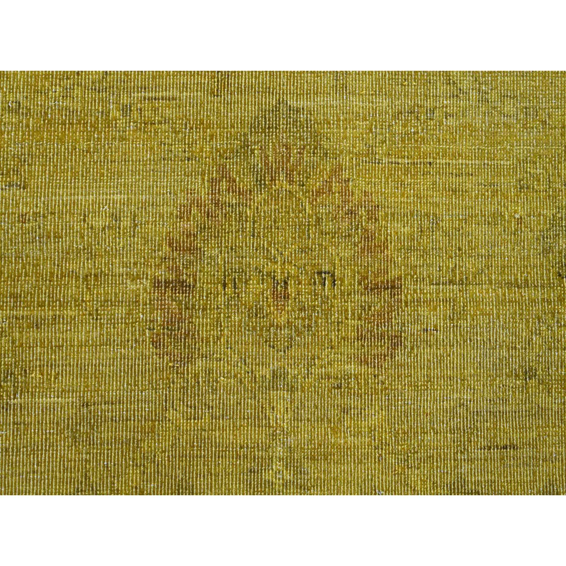 7'7"x9'7" Golden Yellow, Overdyed, Zero Pile, Peshawar with Tribal Design, Hand Knotted, 100% Wool, Distressed, Oriental Rug Sh20369