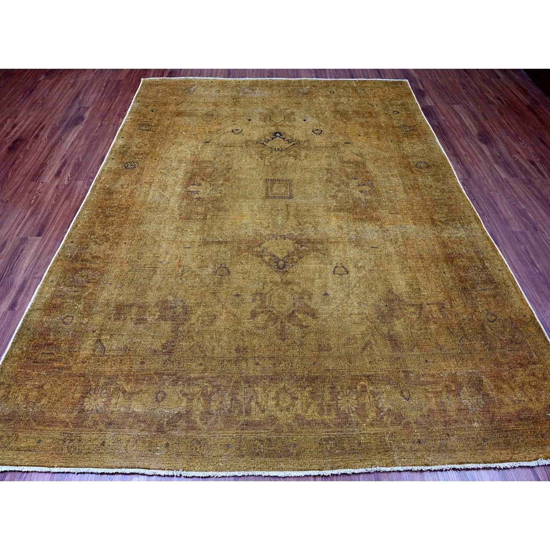 7'7"x9'7" Honey Brown, Overdyed Peshawar with Heriz Design, Hand Knotted, 100% Wool, Distressed, Zero Pile, Oriental Rug Sh20370