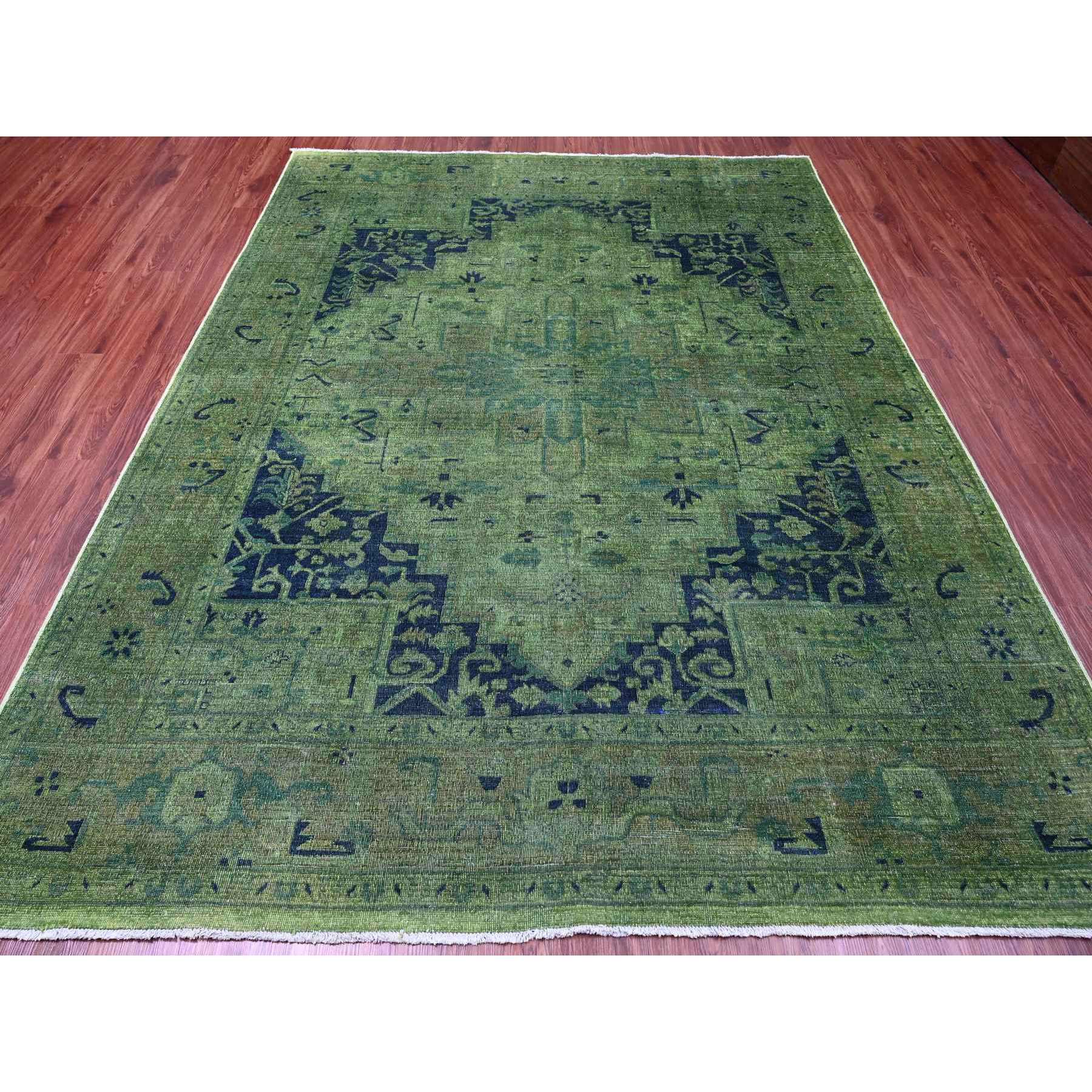 7'9"x9'8" Hunter Green, Overdyed Peshawar with Heriz Design, Hand Knotted, Distressed, Zero Pile, 100% Wool, Oriental Rug Sh20371