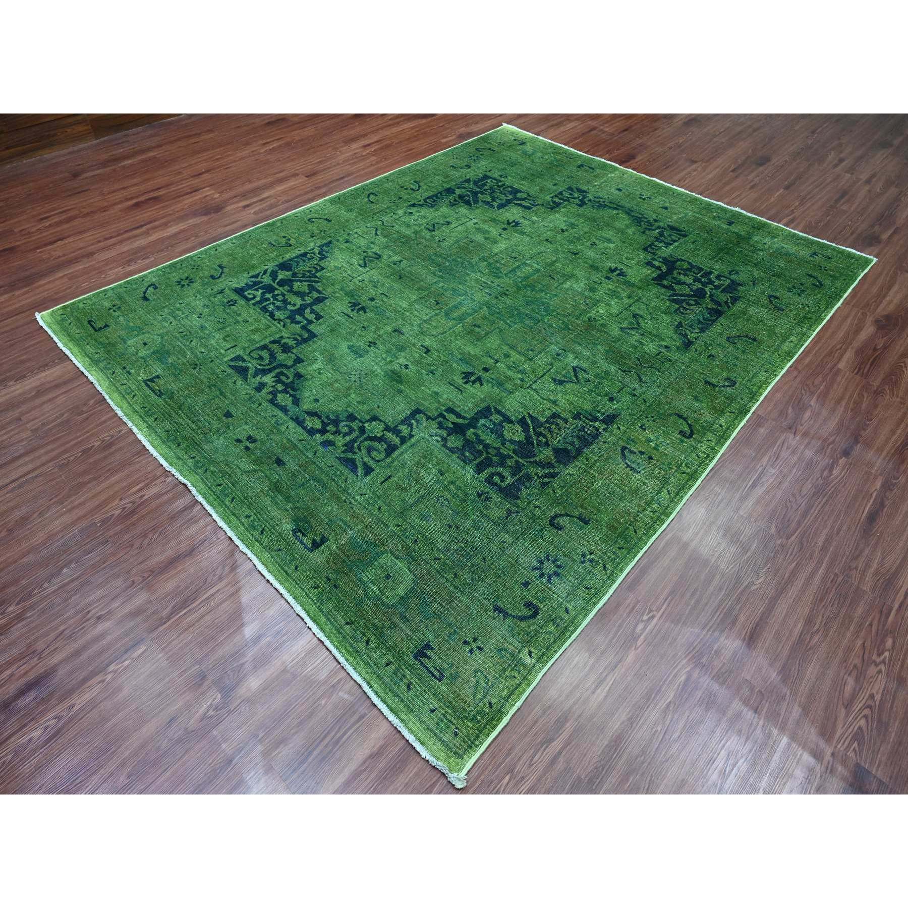 7'9"x9'8" Hunter Green, Overdyed Peshawar with Heriz Design, Hand Knotted, Distressed, Zero Pile, 100% Wool, Oriental Rug Sh20371