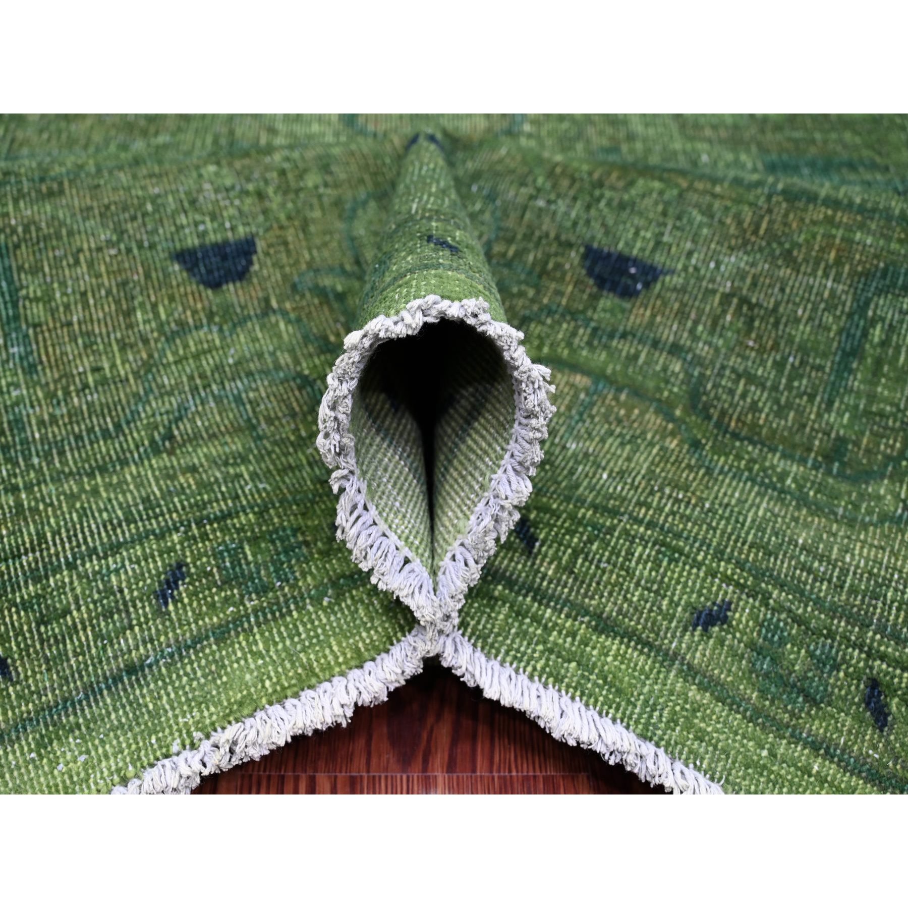 7'9"x9'8" Hunter Green, Overdyed Peshawar with Heriz Design, Hand Knotted, Distressed, Zero Pile, 100% Wool, Oriental Rug Sh20371