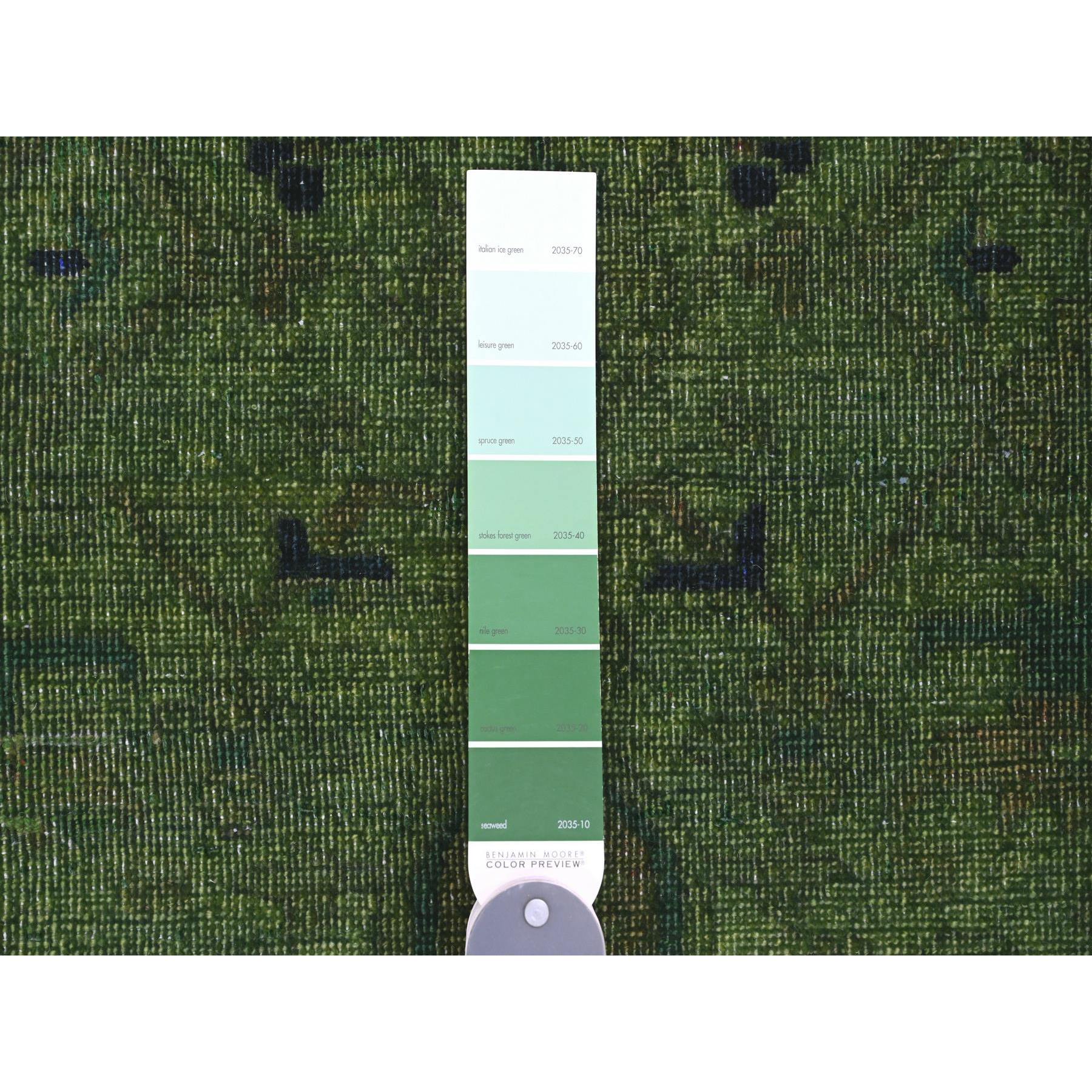 7'9"x9'8" Hunter Green, Overdyed Peshawar with Heriz Design, Hand Knotted, Distressed, Zero Pile, 100% Wool, Oriental Rug Sh20371