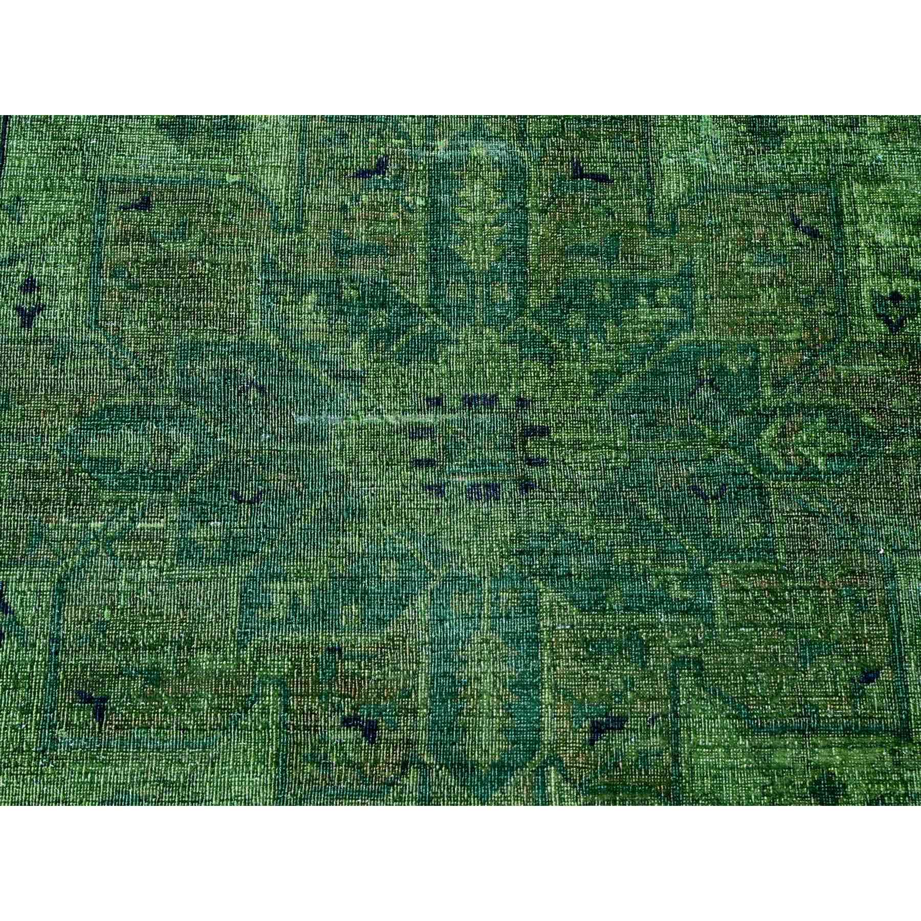 7'9"x9'8" Hunter Green, Overdyed Peshawar with Heriz Design, Hand Knotted, Distressed, Zero Pile, 100% Wool, Oriental Rug Sh20371