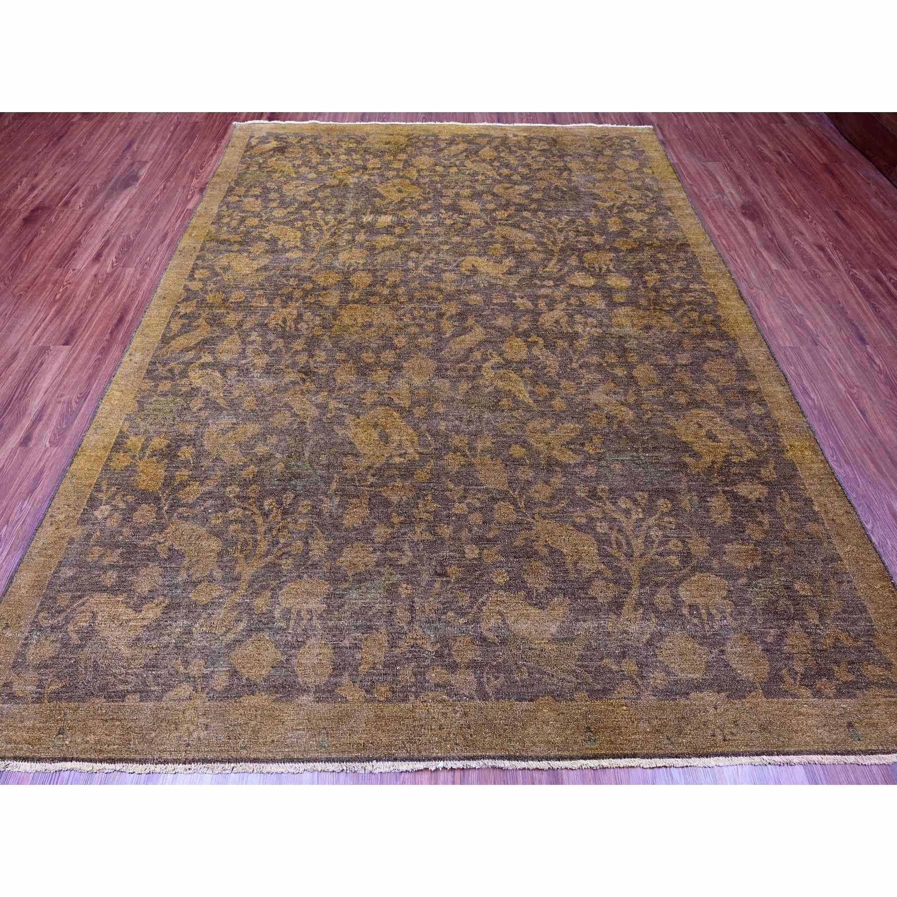 7'8"x10'1" Mocha Brown, Overdyed Persian Design with Hunting Scene, 100% Wool, Hand Knotted, Distressed, Zero Pile, Oriental Rug Sh20372