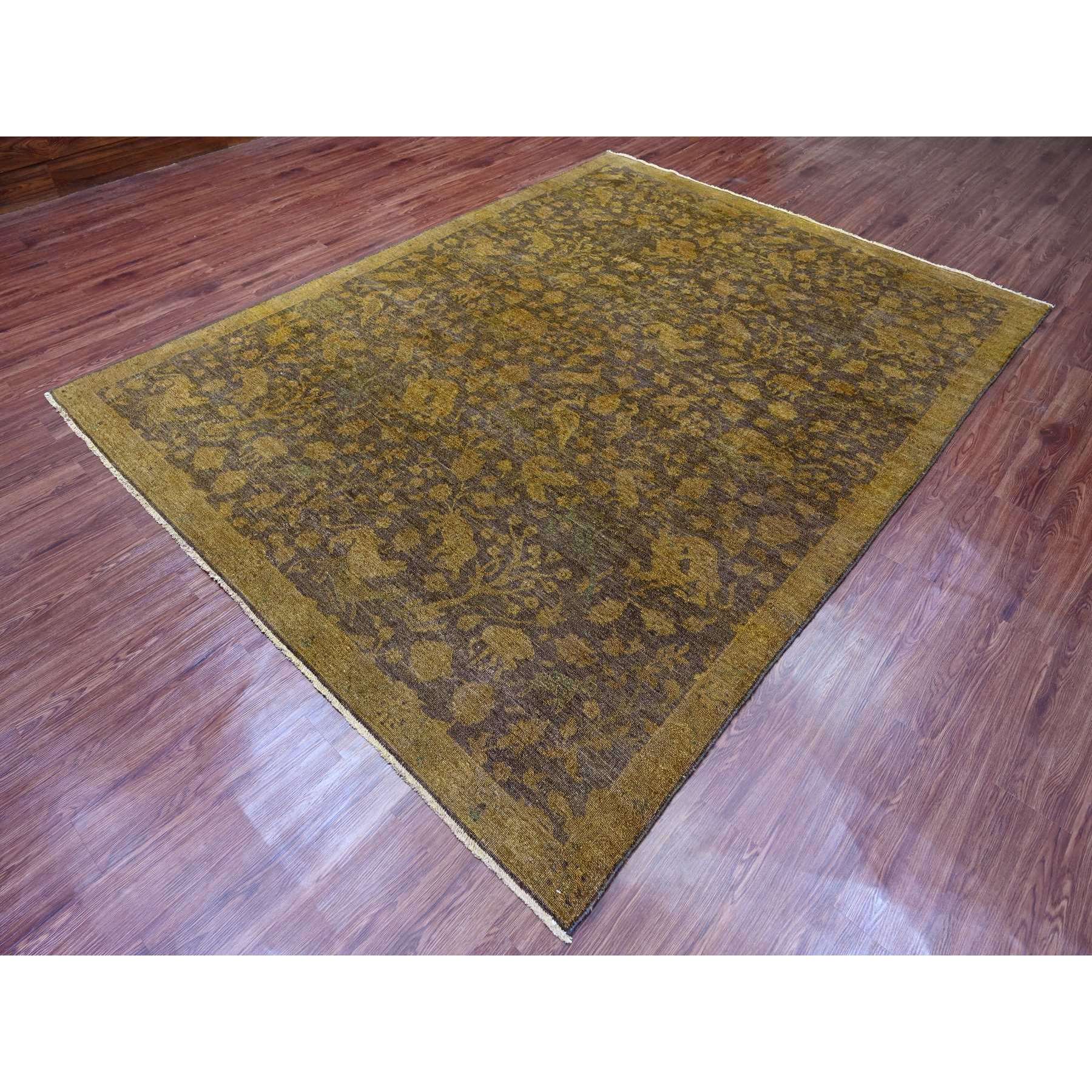 7'8"x10'1" Mocha Brown, Overdyed Persian Design with Hunting Scene, 100% Wool, Hand Knotted, Distressed, Zero Pile, Oriental Rug Sh20372
