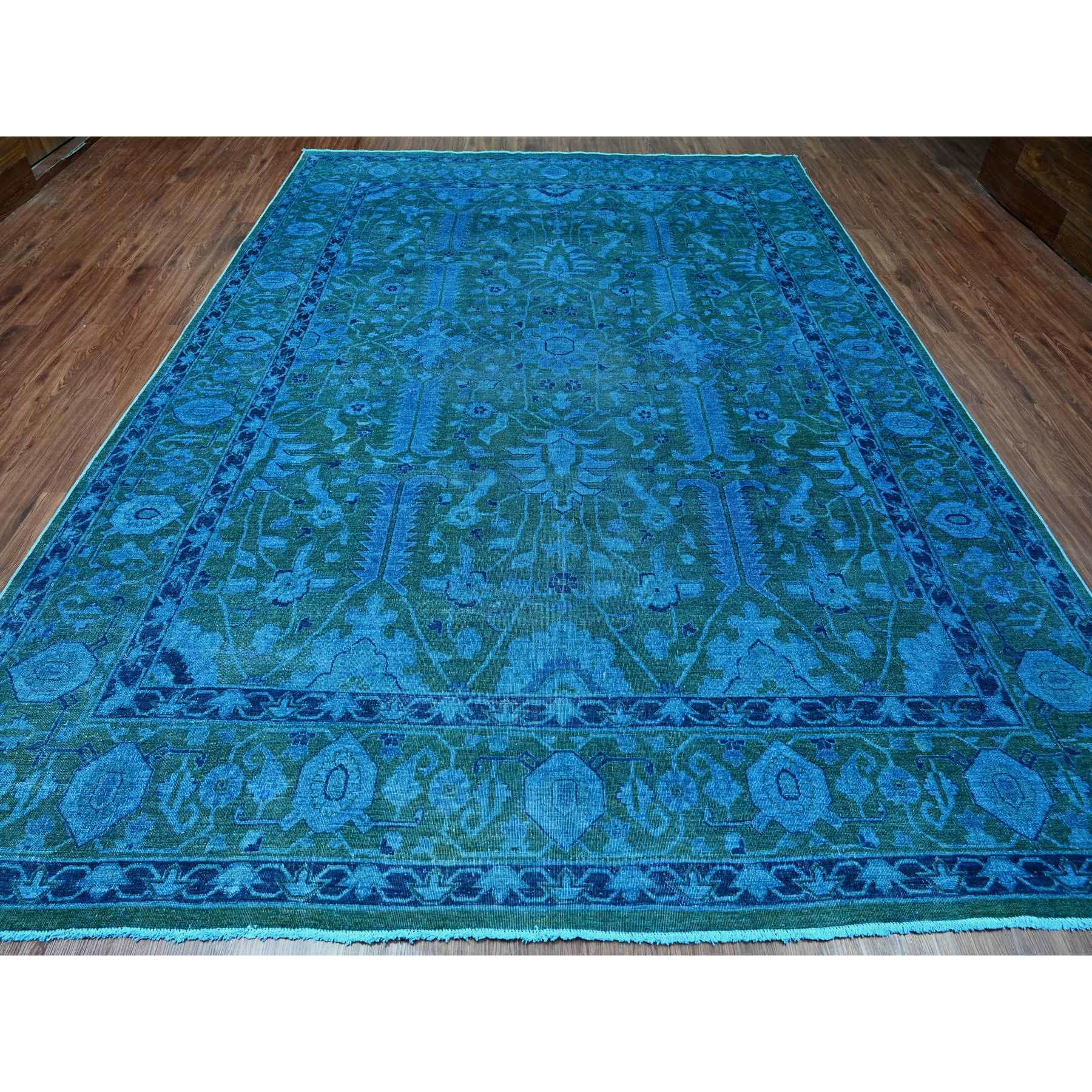 9'4"x12'9" Bayern Blue Overdyed with Touches of Navy, Peshawar with Heriz All Over Design, Distressed, Zero Pile, Hand Knotted, 100% Wool, Oriental Rug Sh20373