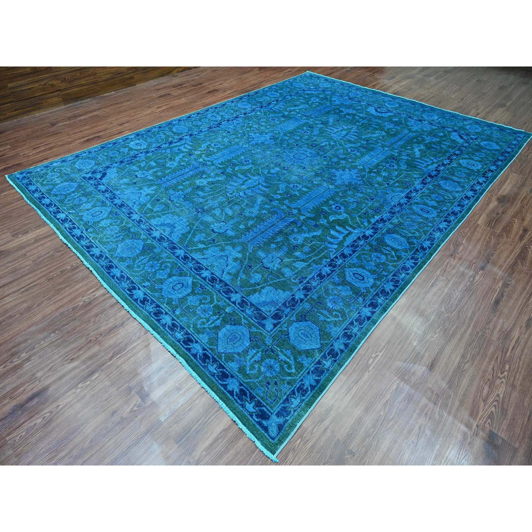 9'4"x12'9" Bayern Blue Overdyed with Touches of Navy, Peshawar with Heriz All Over Design, Distressed, Zero Pile, Hand Knotted, 100% Wool, Oriental Rug Sh20373