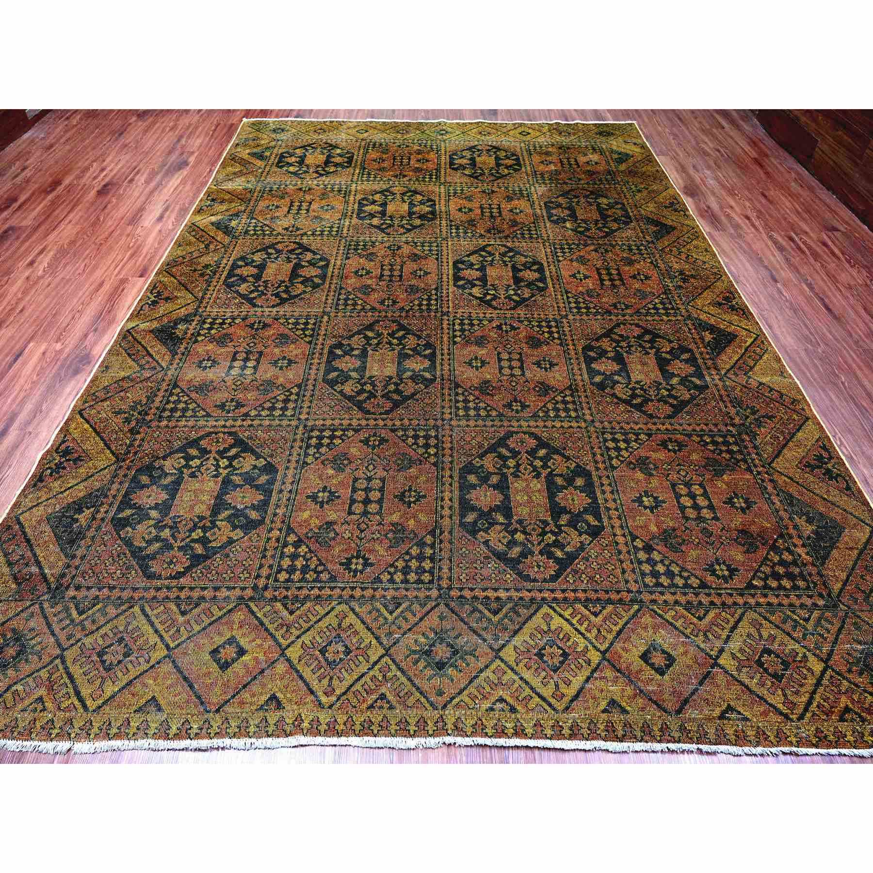 8'10"x12'2" Coffee Brown, Overdyed Afghan Ersari with Garden Block Design, Zero Pile, Vegetable Dyes, Distressed, Hand Knotted, 100% Wool, Oriental Rug Sh20374