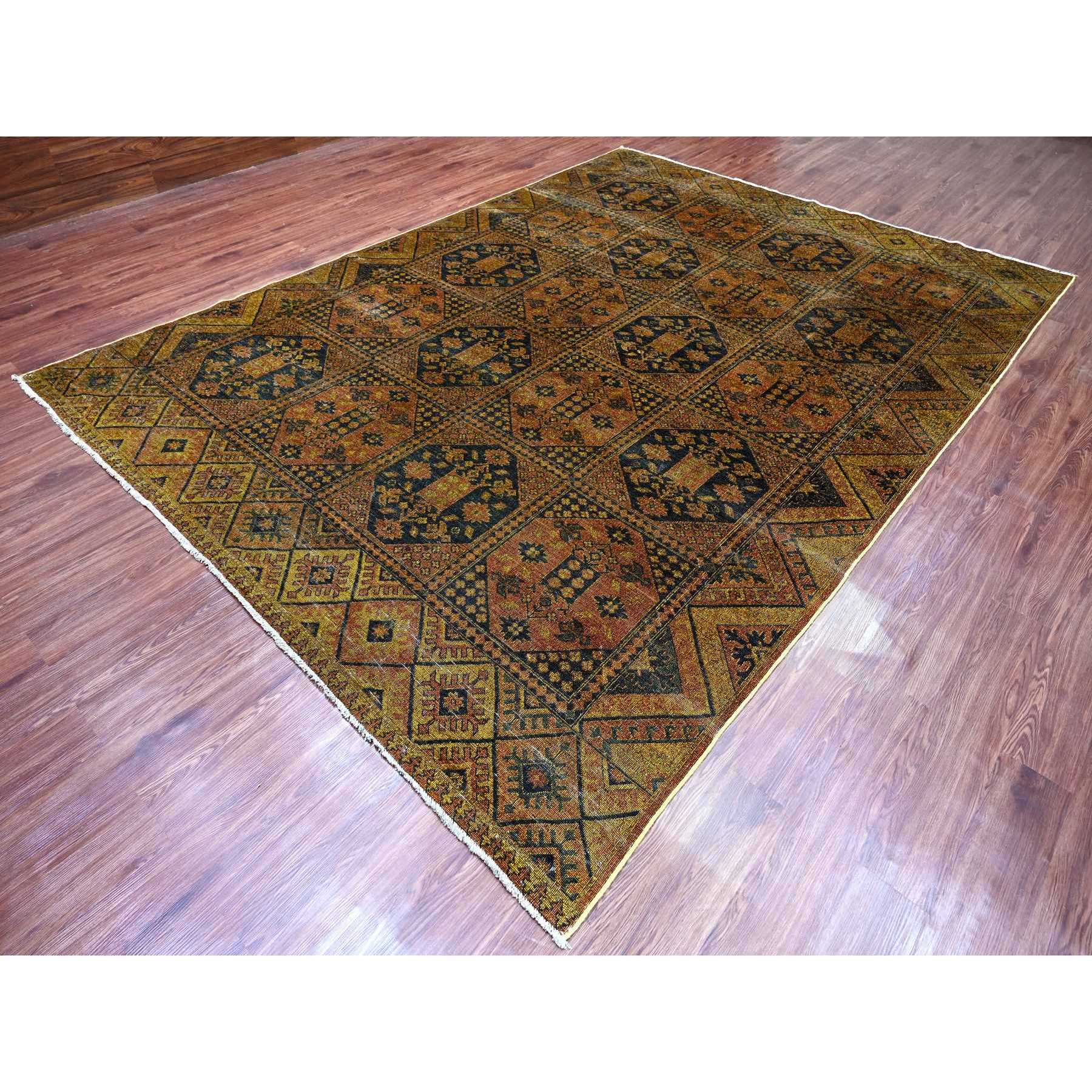 8'10"x12'2" Coffee Brown, Overdyed Afghan Ersari with Garden Block Design, Zero Pile, Vegetable Dyes, Distressed, Hand Knotted, 100% Wool, Oriental Rug Sh20374