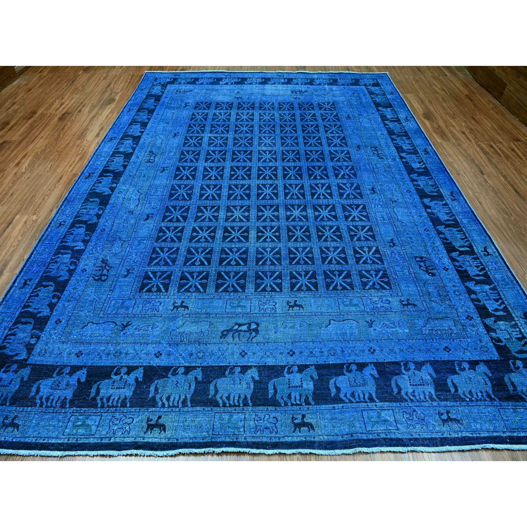 9'x12' Imperial Blue, Overdyed Peshawar with Pazyryk Design, Zero Pile, Distressed, Pure Wool, Hand Knotted, Oriental Rug Sh20375