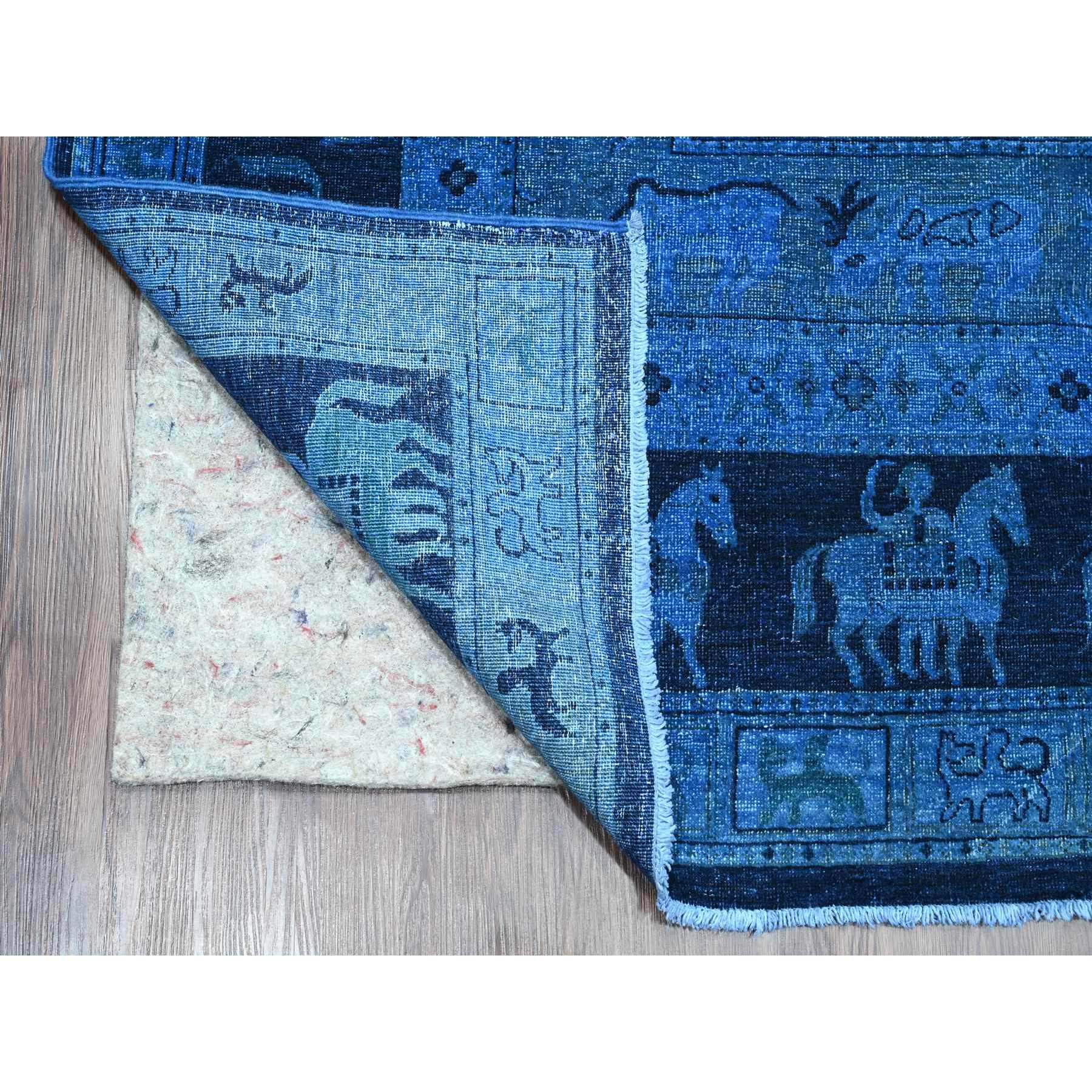9'x12' Imperial Blue, Overdyed Peshawar with Pazyryk Design, Zero Pile, Distressed, Pure Wool, Hand Knotted, Oriental Rug Sh20375