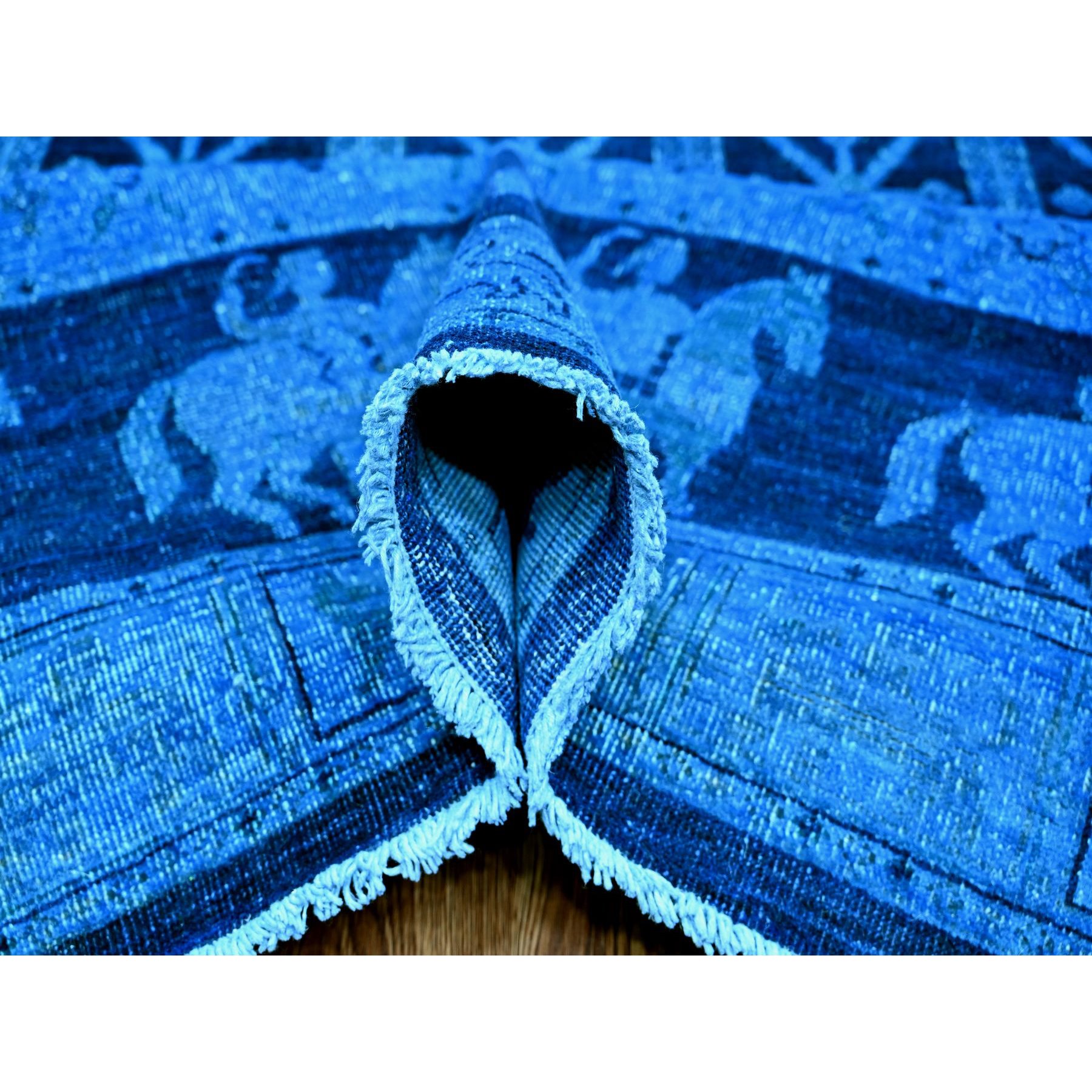 9'x12' Imperial Blue, Overdyed Peshawar with Pazyryk Design, Zero Pile, Distressed, Pure Wool, Hand Knotted, Oriental Rug Sh20375