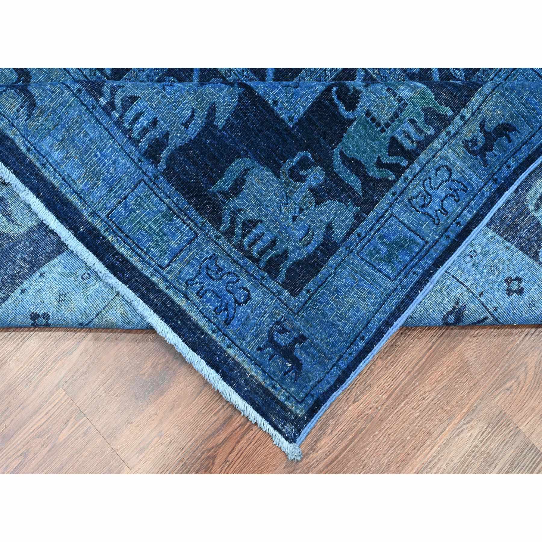 9'x12' Imperial Blue, Overdyed Peshawar with Pazyryk Design, Zero Pile, Distressed, Pure Wool, Hand Knotted, Oriental Rug Sh20375