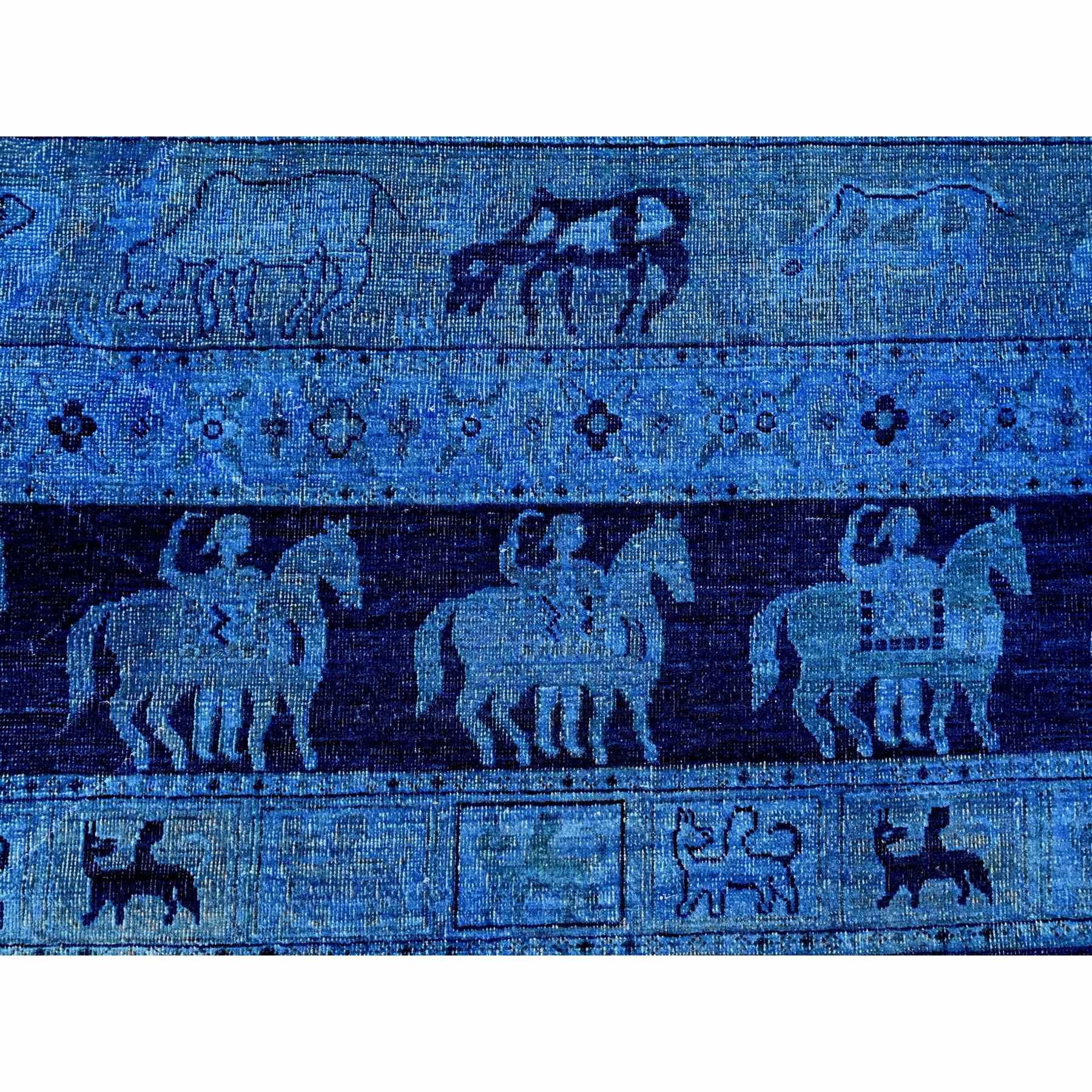 9'x12' Imperial Blue, Overdyed Peshawar with Pazyryk Design, Zero Pile, Distressed, Pure Wool, Hand Knotted, Oriental Rug Sh20375