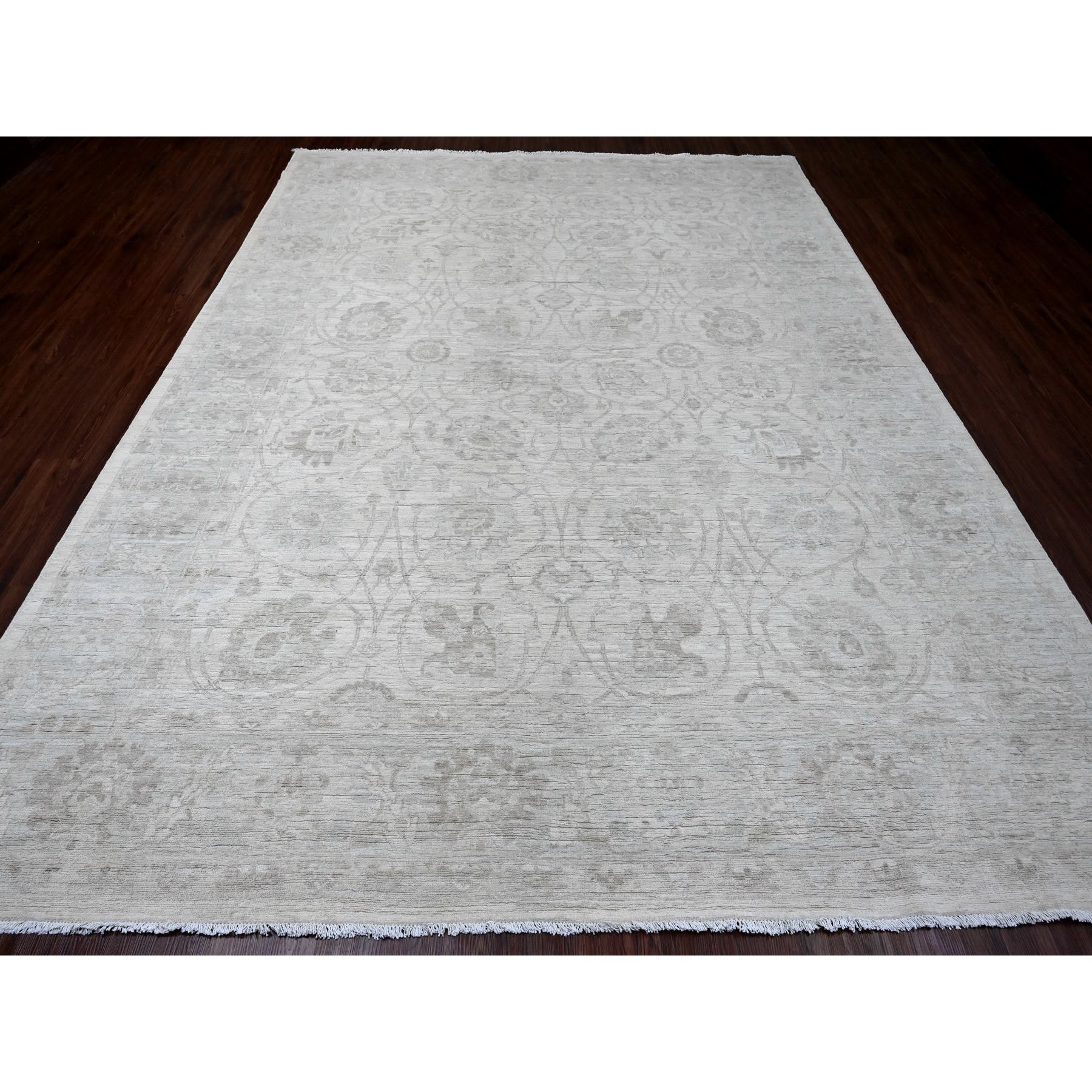 8'8"x11'5" Pearl White, Hand Knotted, Washed Out Peshawar with All Over Vines and Leaf Pattern, Vegetable Dyes, 100% Wool, Oriental Rug Sh20377