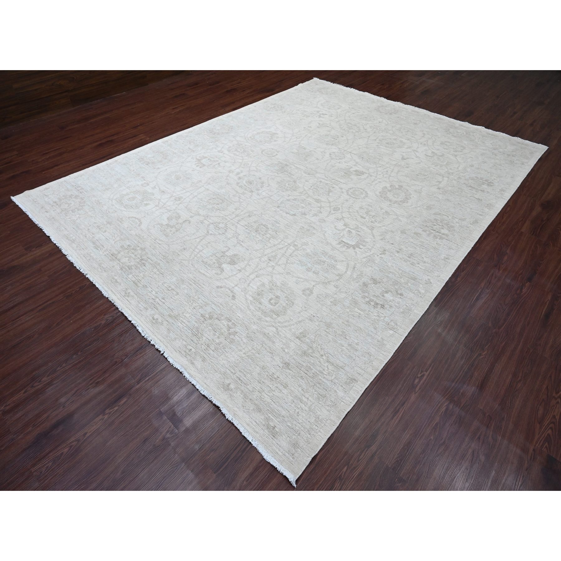 8'8"x11'5" Pearl White, Hand Knotted, Washed Out Peshawar with All Over Vines and Leaf Pattern, Vegetable Dyes, 100% Wool, Oriental Rug Sh20377