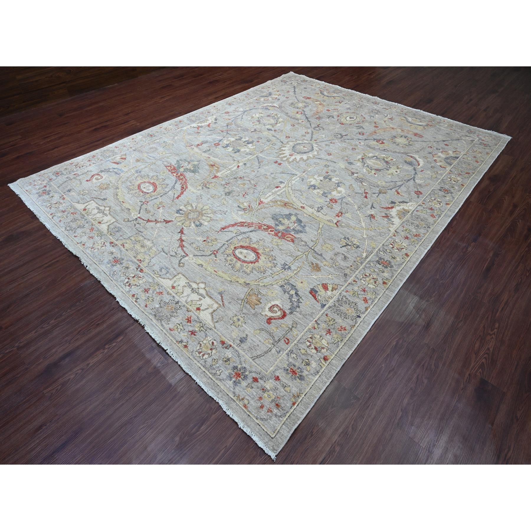 9'x11'7" Misty Gray, Peshawar with Sickle Leaf Design, High Mountain Wool, Hand Knotted, Natural Dyes, Densely Woven, Oriental Rug Sh20379