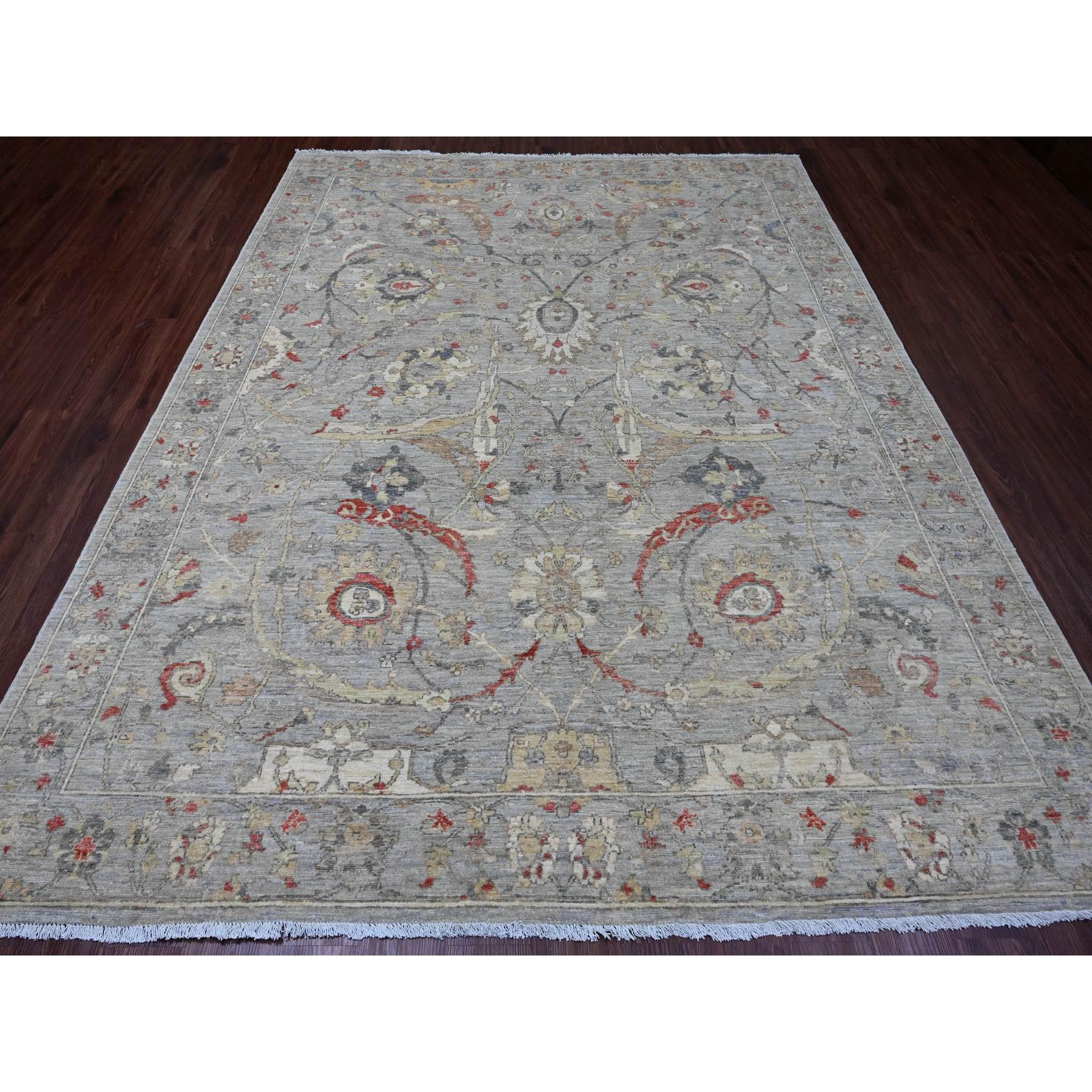 7'10"x10' Cloud Gray, Peshawar with Sickle Leaf Design, Hand Knotted, High Mountain Wool, Vegetable Dyes, Densely Woven, Oriental Rug Sh20380