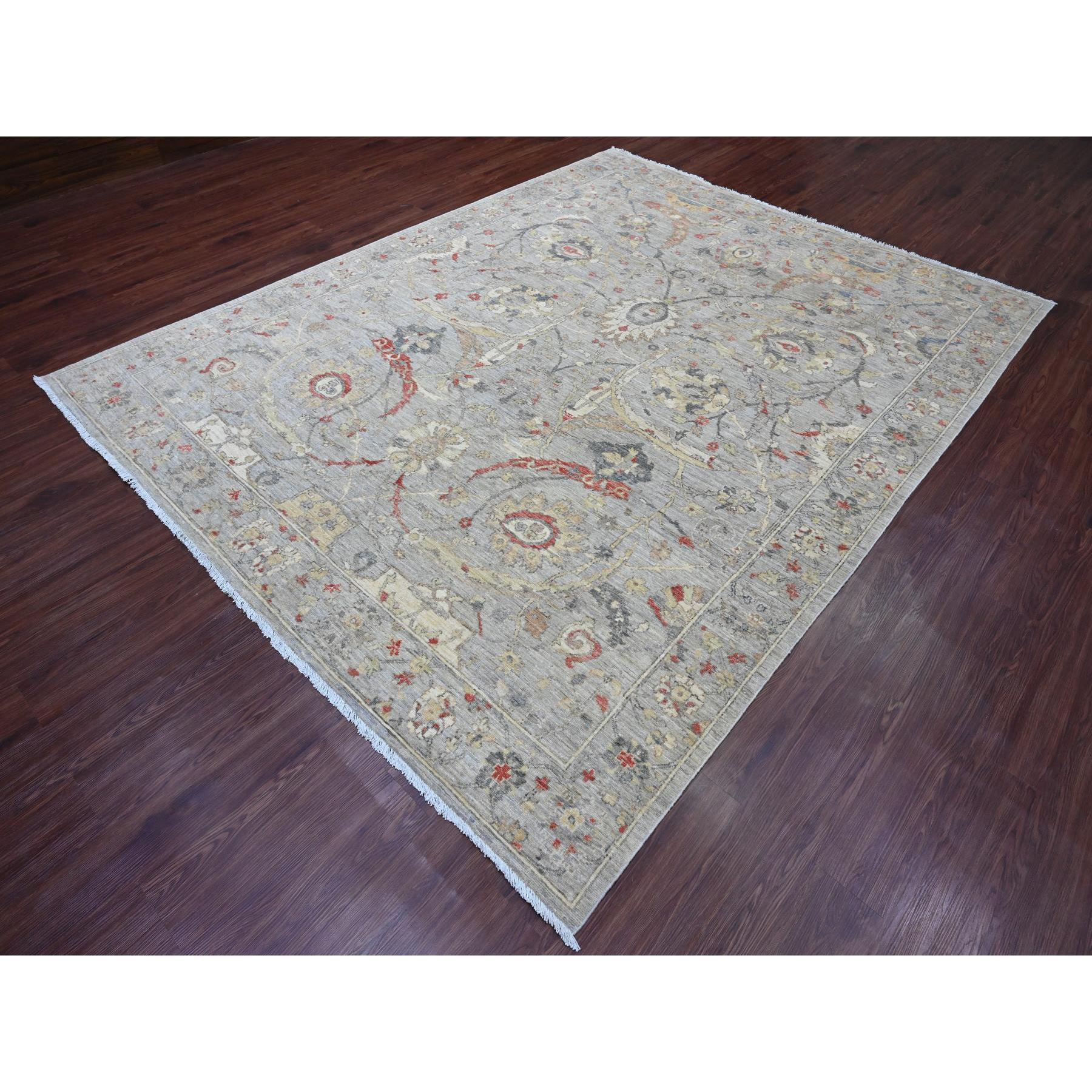 7'10"x10' Cloud Gray, Peshawar with Sickle Leaf Design, Hand Knotted, High Mountain Wool, Vegetable Dyes, Densely Woven, Oriental Rug Sh20380