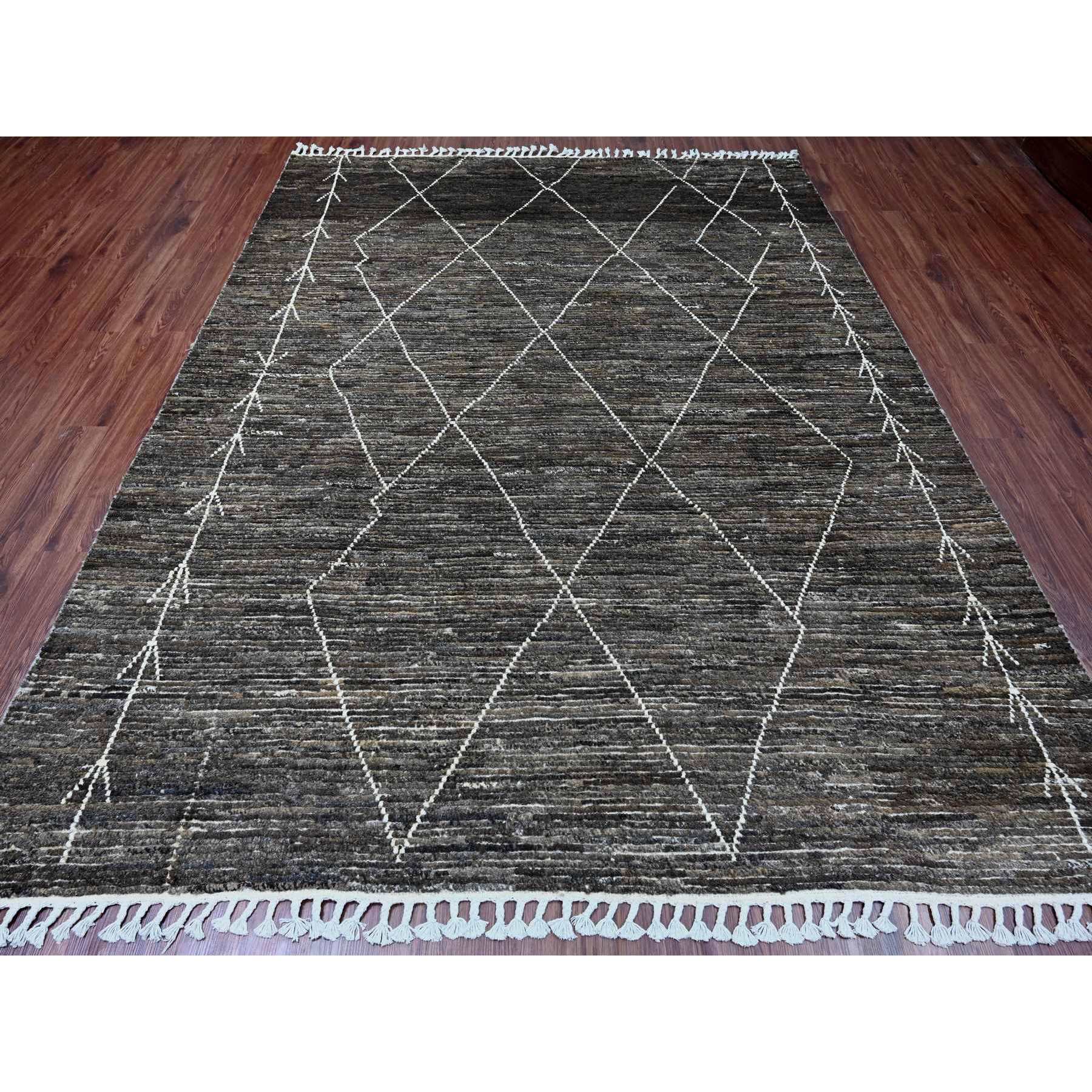 8'x10' Umber Brown, Moroccan Weave with Geometric Design, Tone on Tone, Abrash, Hand Knotted, Soft Wool, Textured Pile, Oriental Rug Sh20385