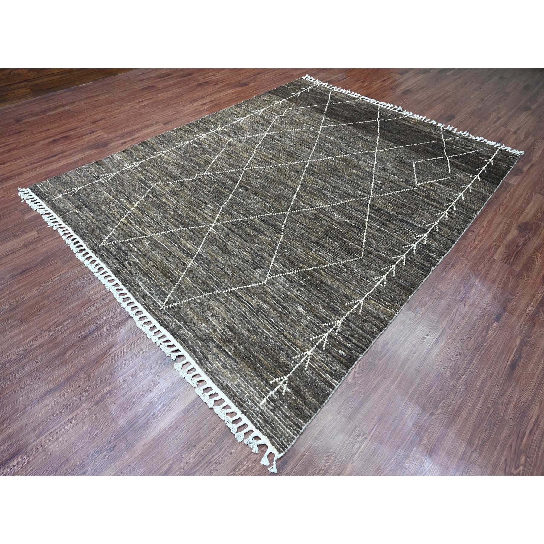 8'x10' Umber Brown, Moroccan Weave with Geometric Design, Tone on Tone, Abrash, Hand Knotted, Soft Wool, Textured Pile, Oriental Rug Sh20385