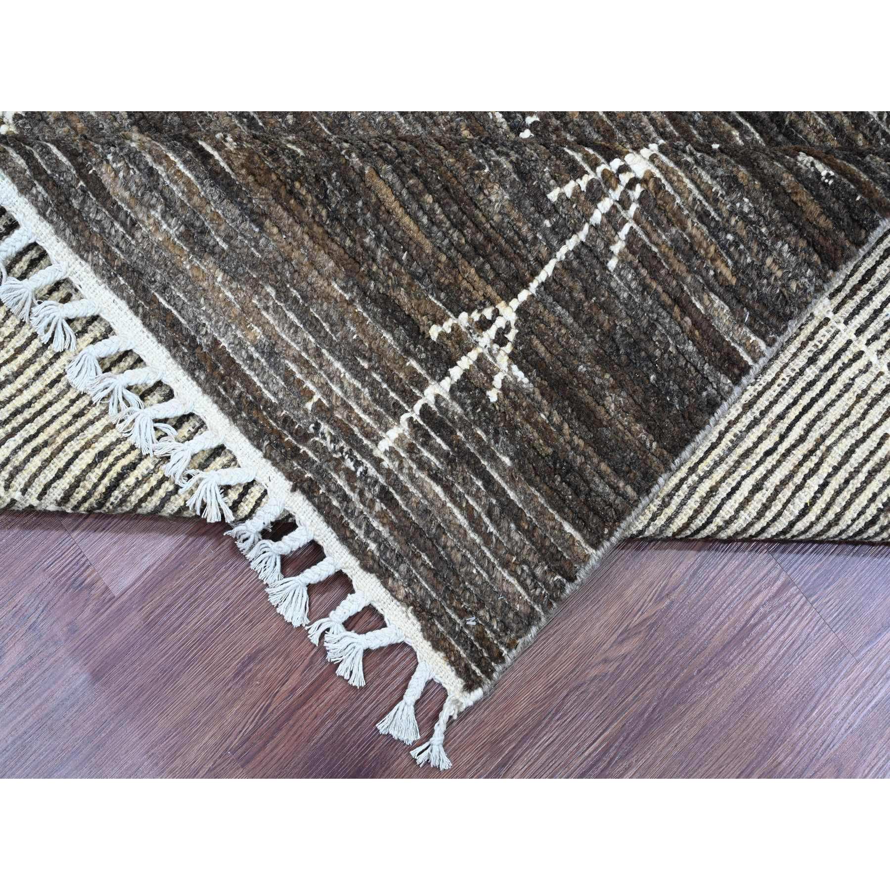 8'x10' Umber Brown, Moroccan Weave with Geometric Design, Tone on Tone, Abrash, Hand Knotted, Soft Wool, Textured Pile, Oriental Rug Sh20385
