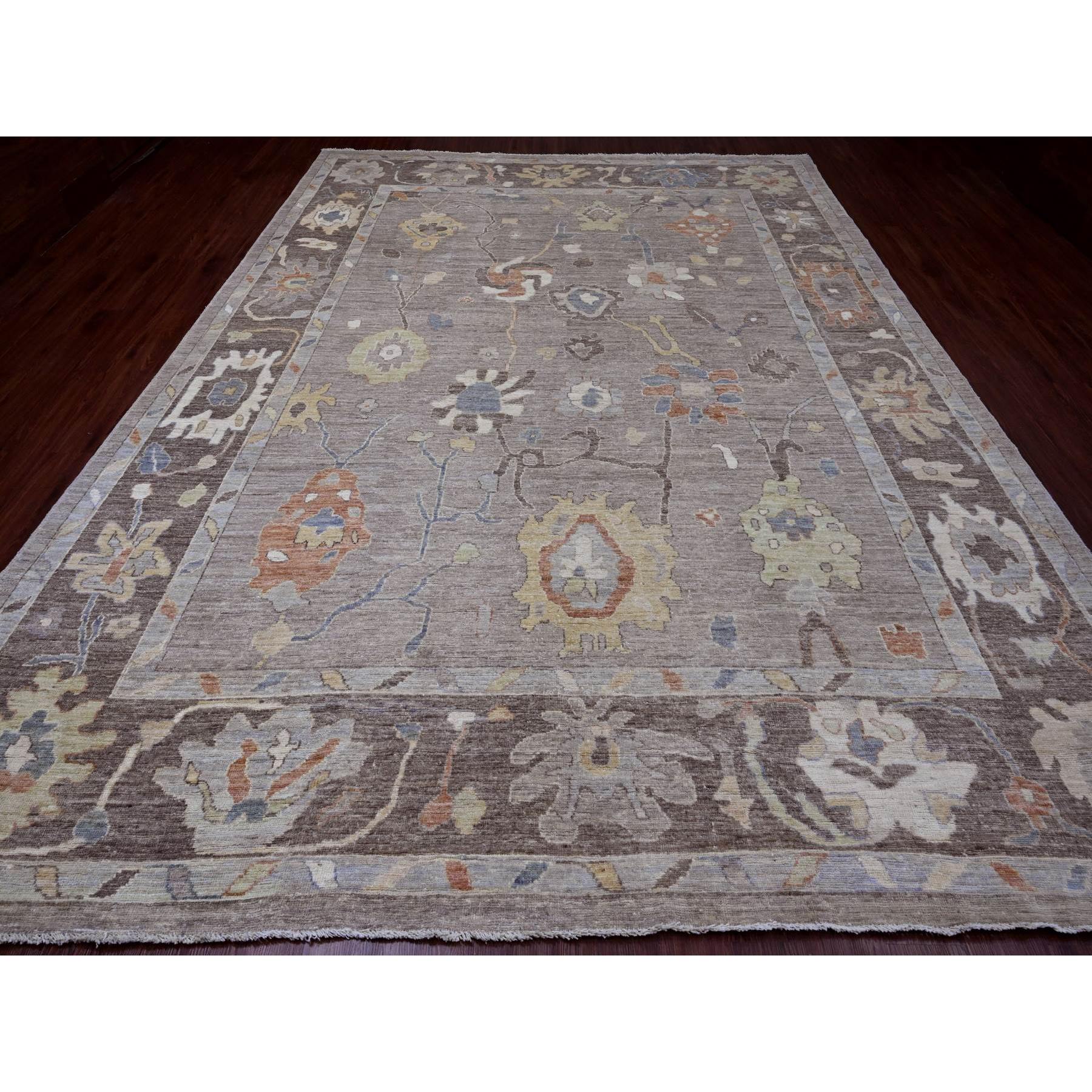 9'10"x13'6" Spanish Gray, Afghan Angora Oushak with All Over Colorful Leaf Design, Hand Knotted, Vegetable Dyes, 100% Wool, Oriental Rug Sh20388