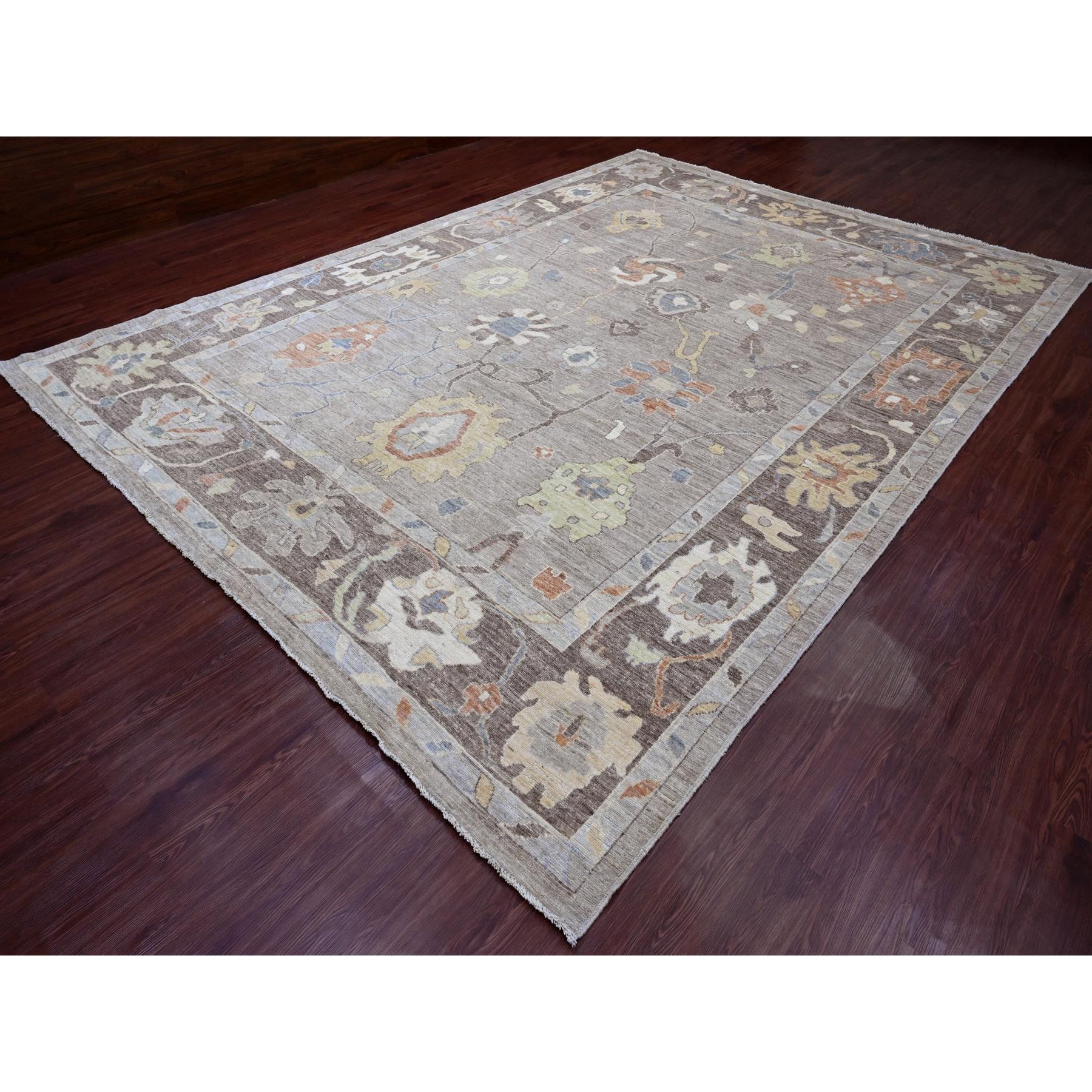 9'10"x13'6" Spanish Gray, Afghan Angora Oushak with All Over Colorful Leaf Design, Hand Knotted, Vegetable Dyes, 100% Wool, Oriental Rug Sh20388