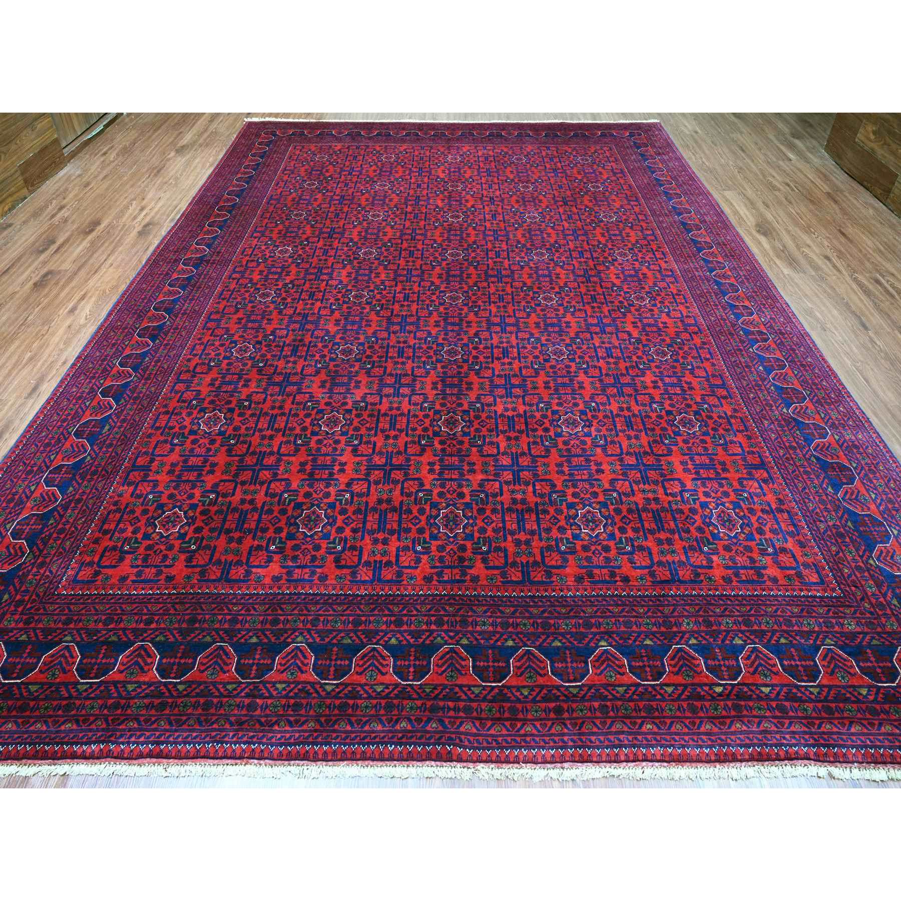 10'x13'6" Deep and Saturated Red, Afghan Khamyab with Repetitive Star Design, 100% Wool, Soft Pile, Hand Knotted, Oriental Rug Sh20390
