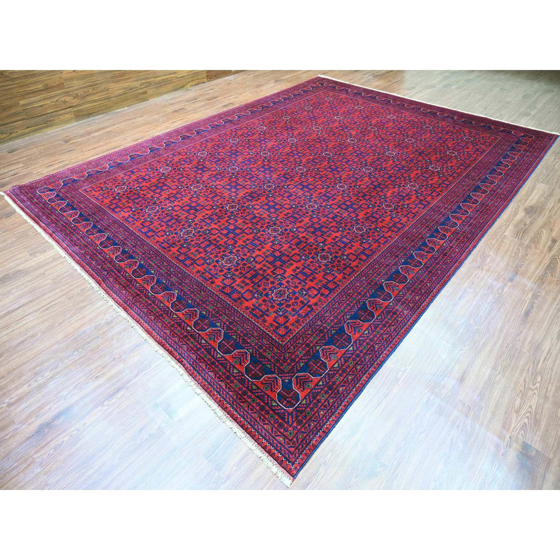 10'x13'6" Deep and Saturated Red, Afghan Khamyab with Repetitive Star Design, 100% Wool, Soft Pile, Hand Knotted, Oriental Rug Sh20390