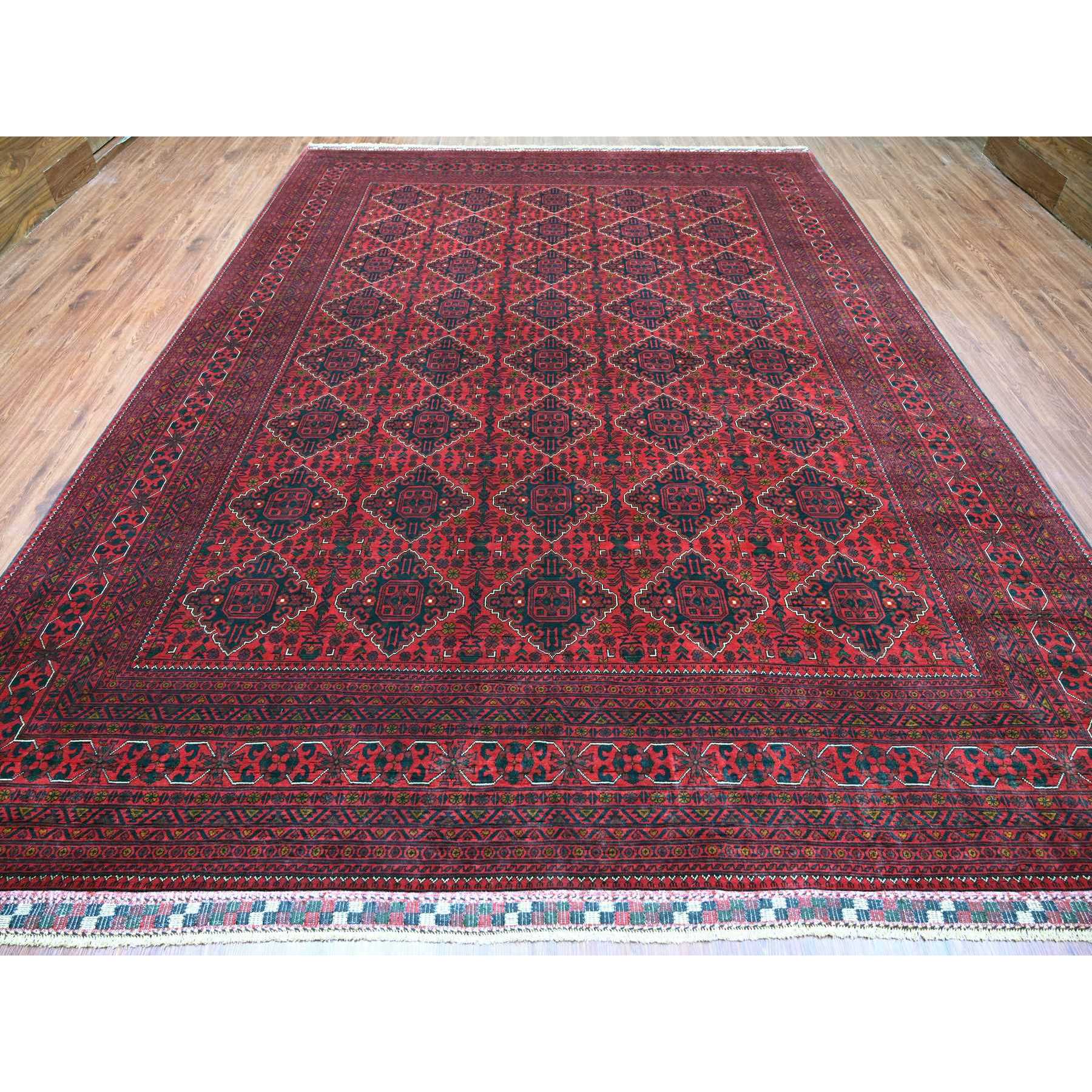 9'9"x12'7" Scarlet Red, Afghan Khamyab with Geometric Design, Soft Wool, Natural Dyes, Hand Knotted, Oriental Rug Sh20391