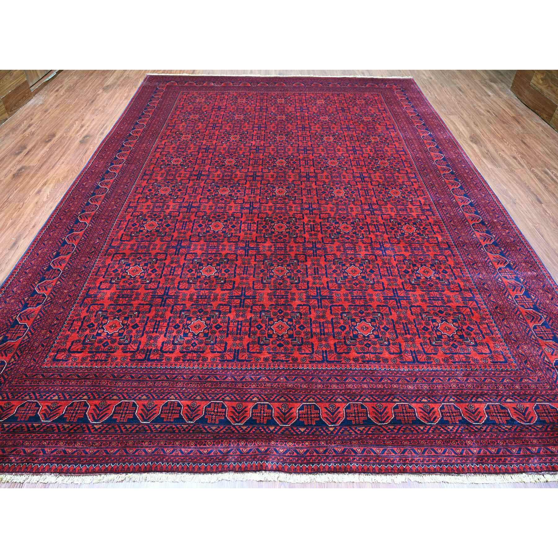 9'10"x12'10" Deep and Saturated Red, Hand Knotted, Afghan Khamyab with Geometric Design, Soft Pile, Pure Wool, Oriental Rug Sh20392