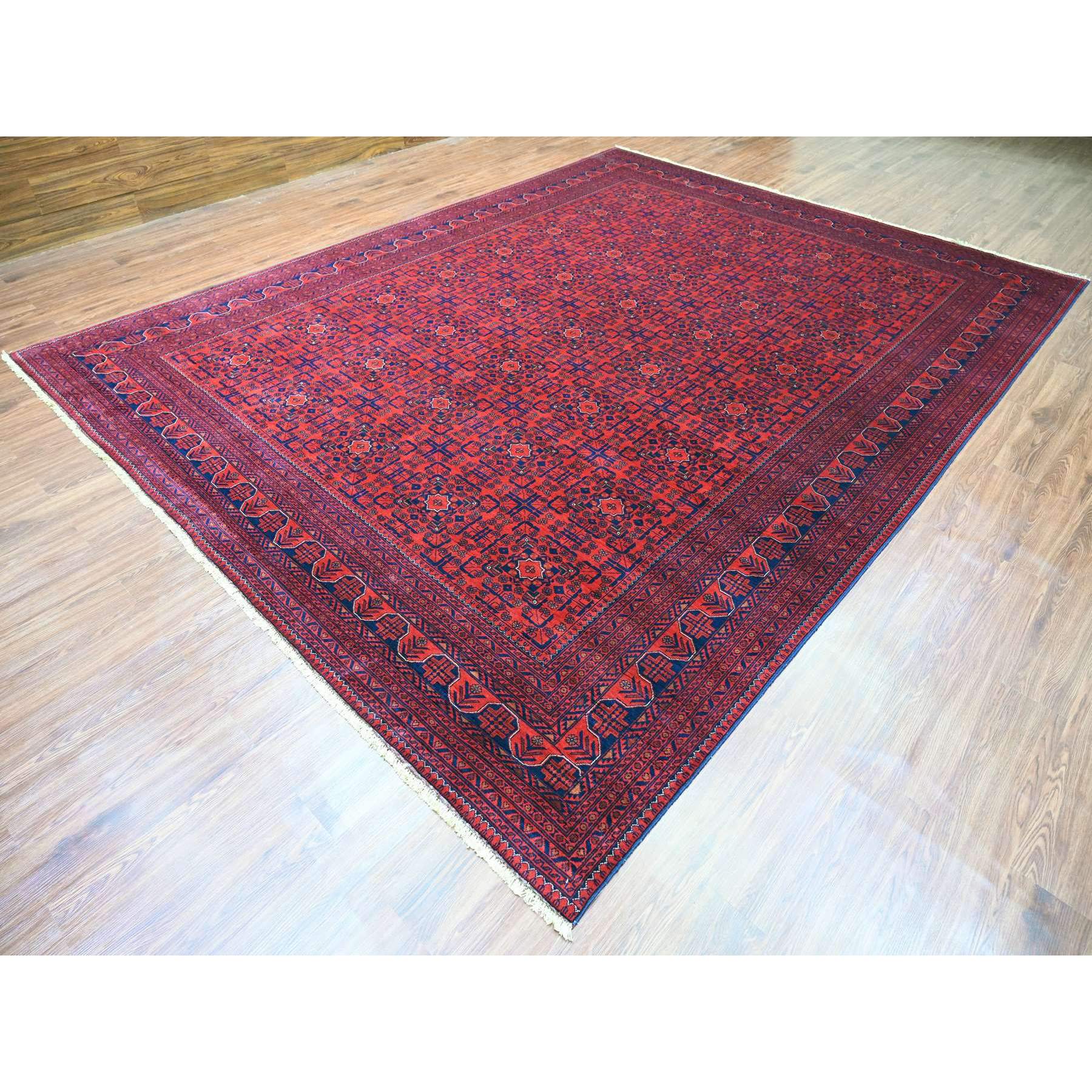 9'10"x12'10" Deep and Saturated Red, Hand Knotted, Afghan Khamyab with Geometric Design, Soft Pile, Pure Wool, Oriental Rug Sh20392