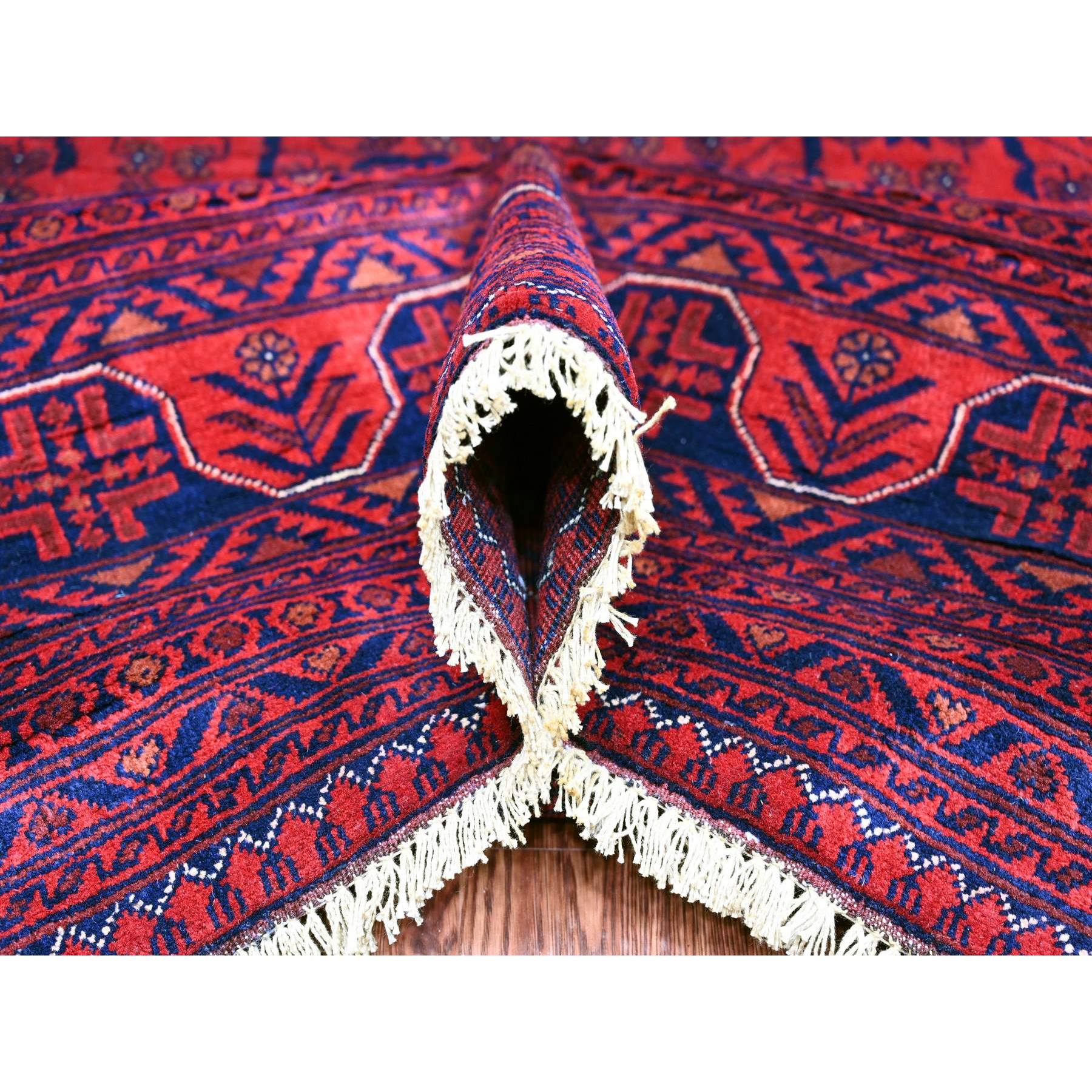 9'10"x12'10" Deep and Saturated Red, Hand Knotted, Afghan Khamyab with Geometric Design, Soft Pile, Pure Wool, Oriental Rug Sh20392