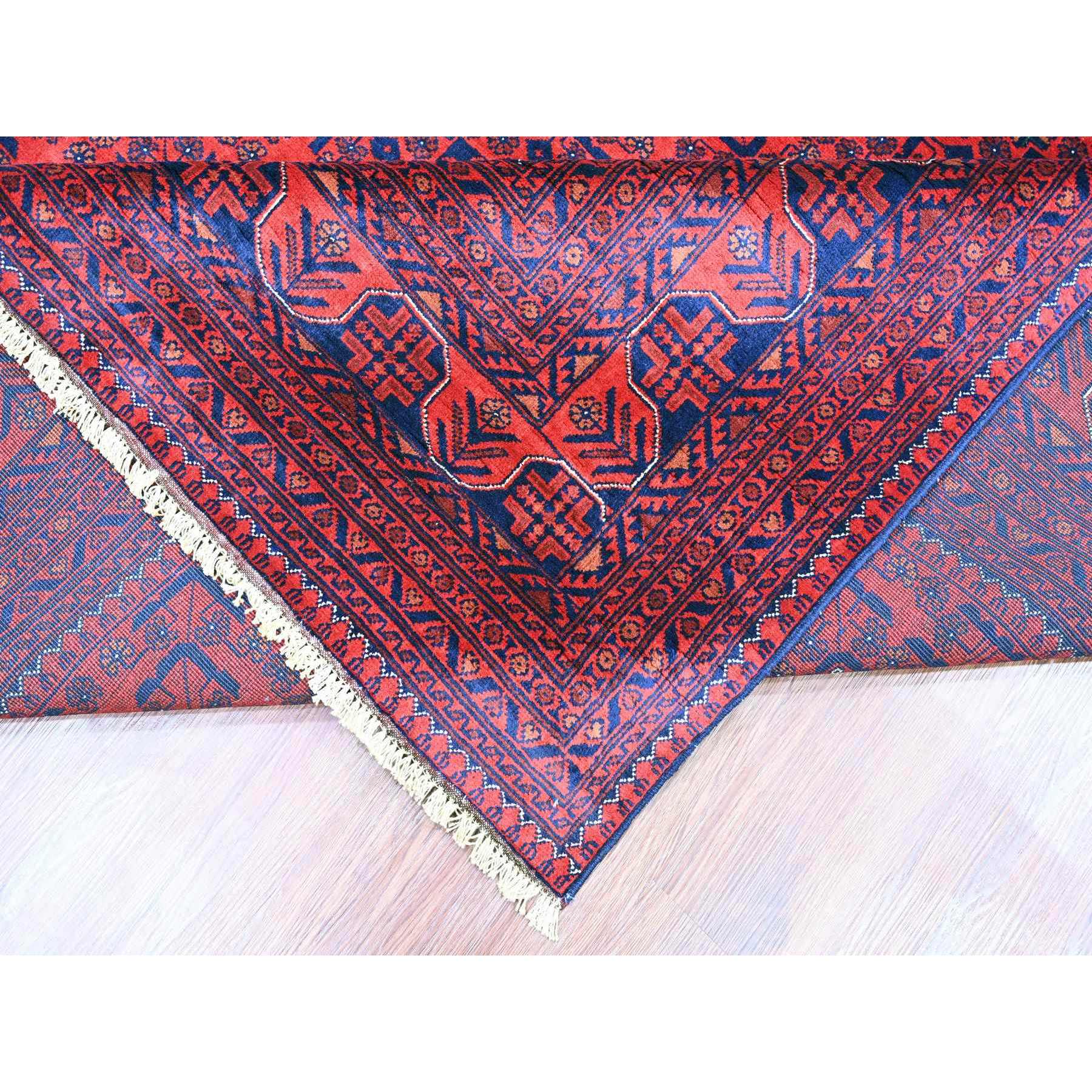 9'10"x12'10" Deep and Saturated Red, Hand Knotted, Afghan Khamyab with Geometric Design, Soft Pile, Pure Wool, Oriental Rug Sh20392