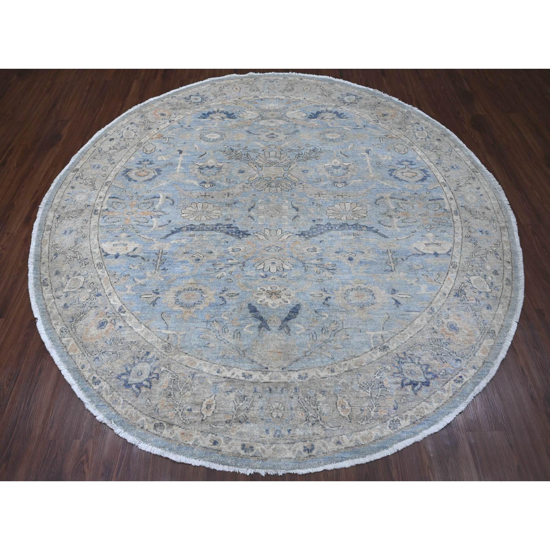 8'x8' Ruddy Blue, Afghan Peshawar with Heriz All Over Design, Hand Knotted, 100% Wool, Vegetable Dyes, Densely Woven, Round, Oriental Rug Sh20394