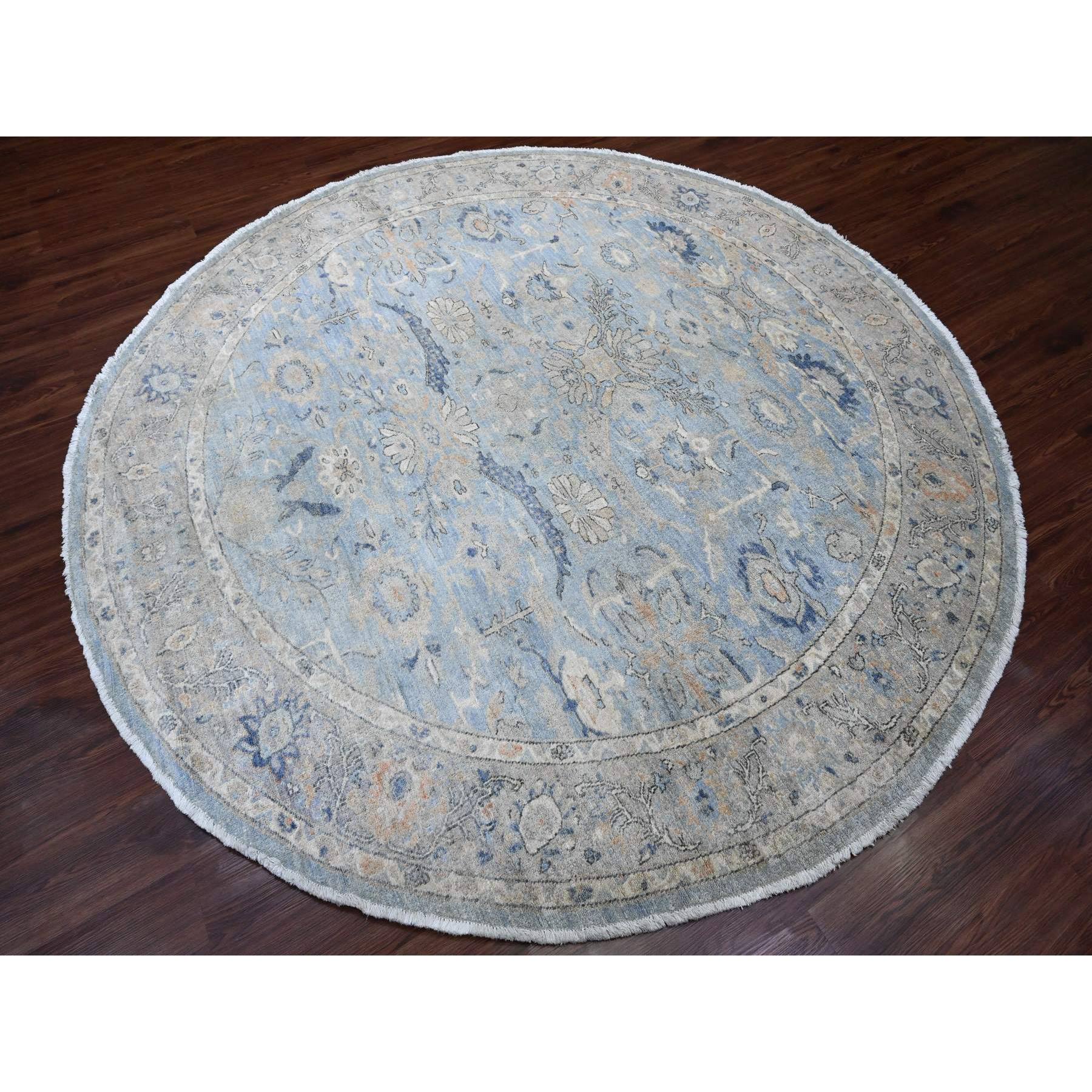 8'x8' Ruddy Blue, Afghan Peshawar with Heriz All Over Design, Hand Knotted, 100% Wool, Vegetable Dyes, Densely Woven, Round, Oriental Rug Sh20394