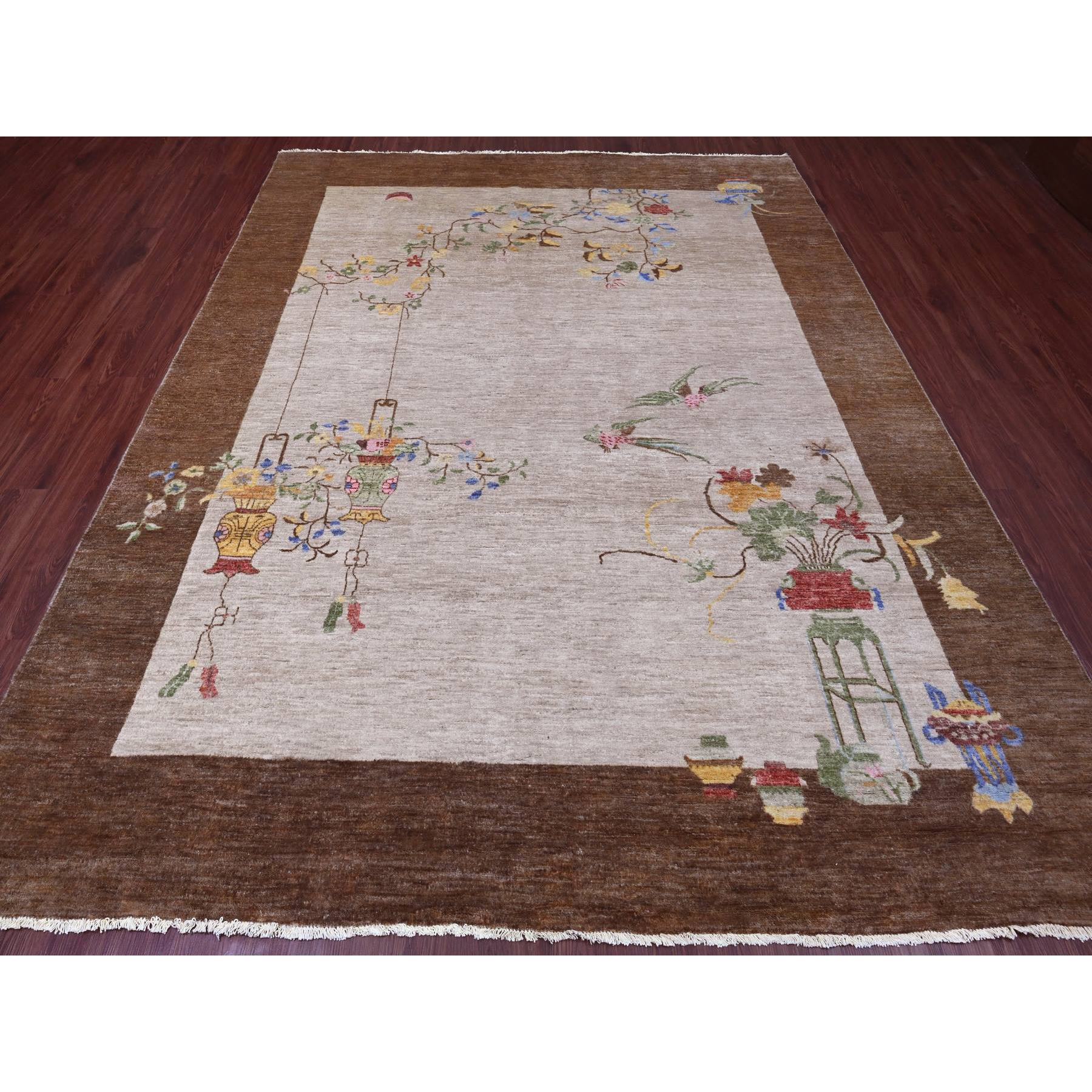 7'10"x10'1" Alabaster White, Chinese Art Deco Inspired Peshawar, Hand Knotted, Vegetable Dyes, 100% Wool, Oriental Rug Sh20395