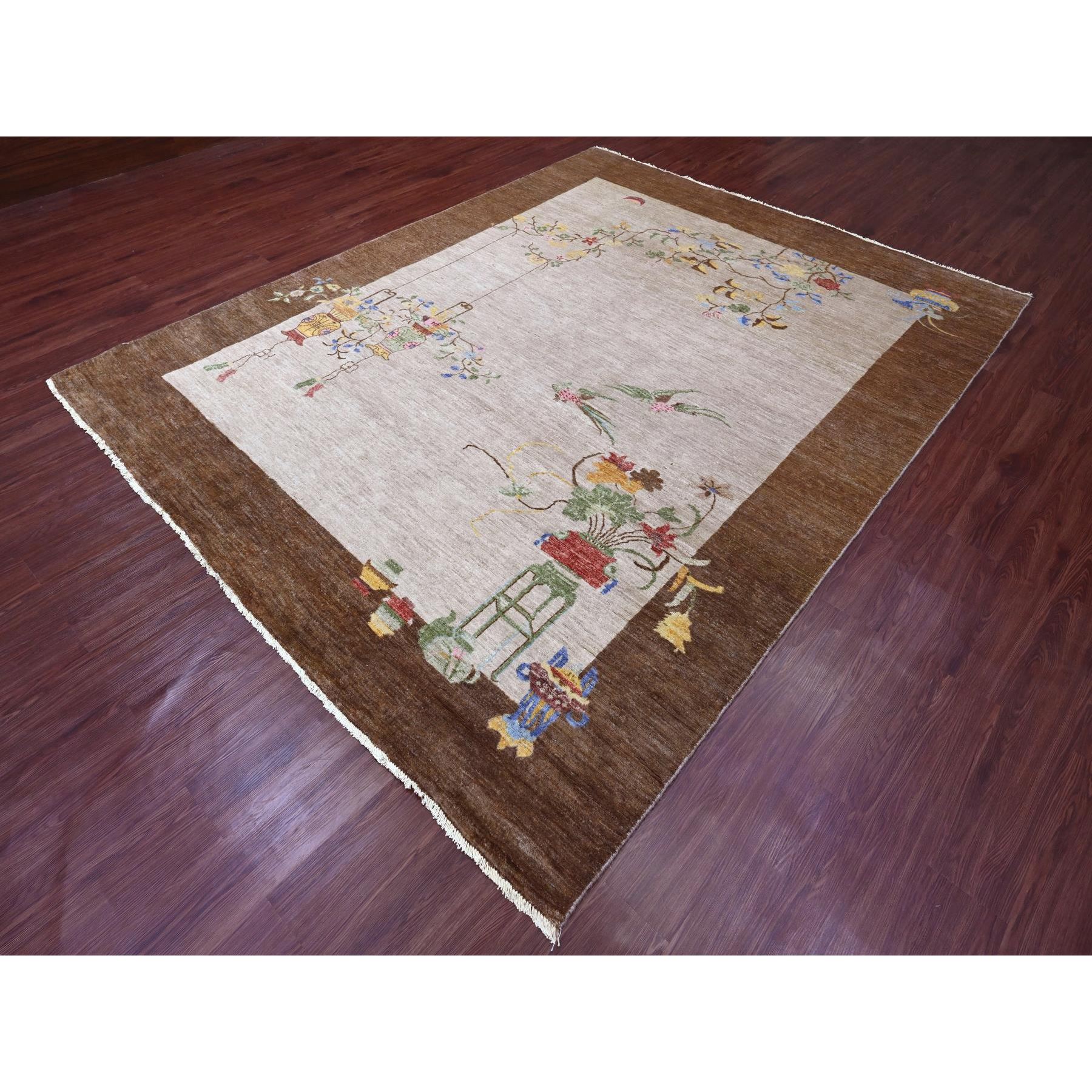 7'10"x10'1" Alabaster White, Chinese Art Deco Inspired Peshawar, Hand Knotted, Vegetable Dyes, 100% Wool, Oriental Rug Sh20395