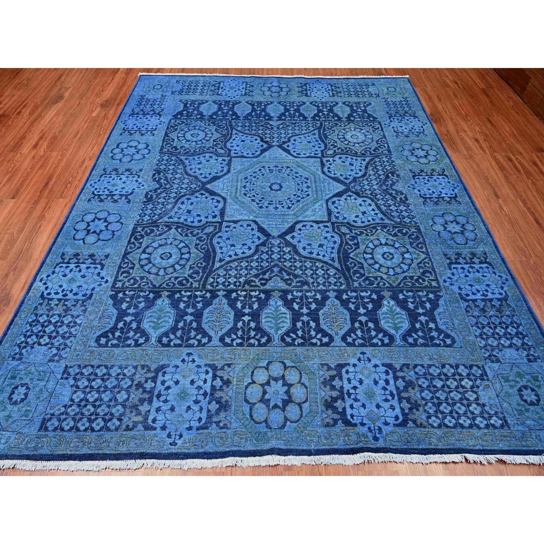 8'x9'6" Bayern Blue, Zero Pile, Peshawar with Mamluk Design, Distressed, 100% Wool, Hand Knotted, Oriental Rug Sh20396