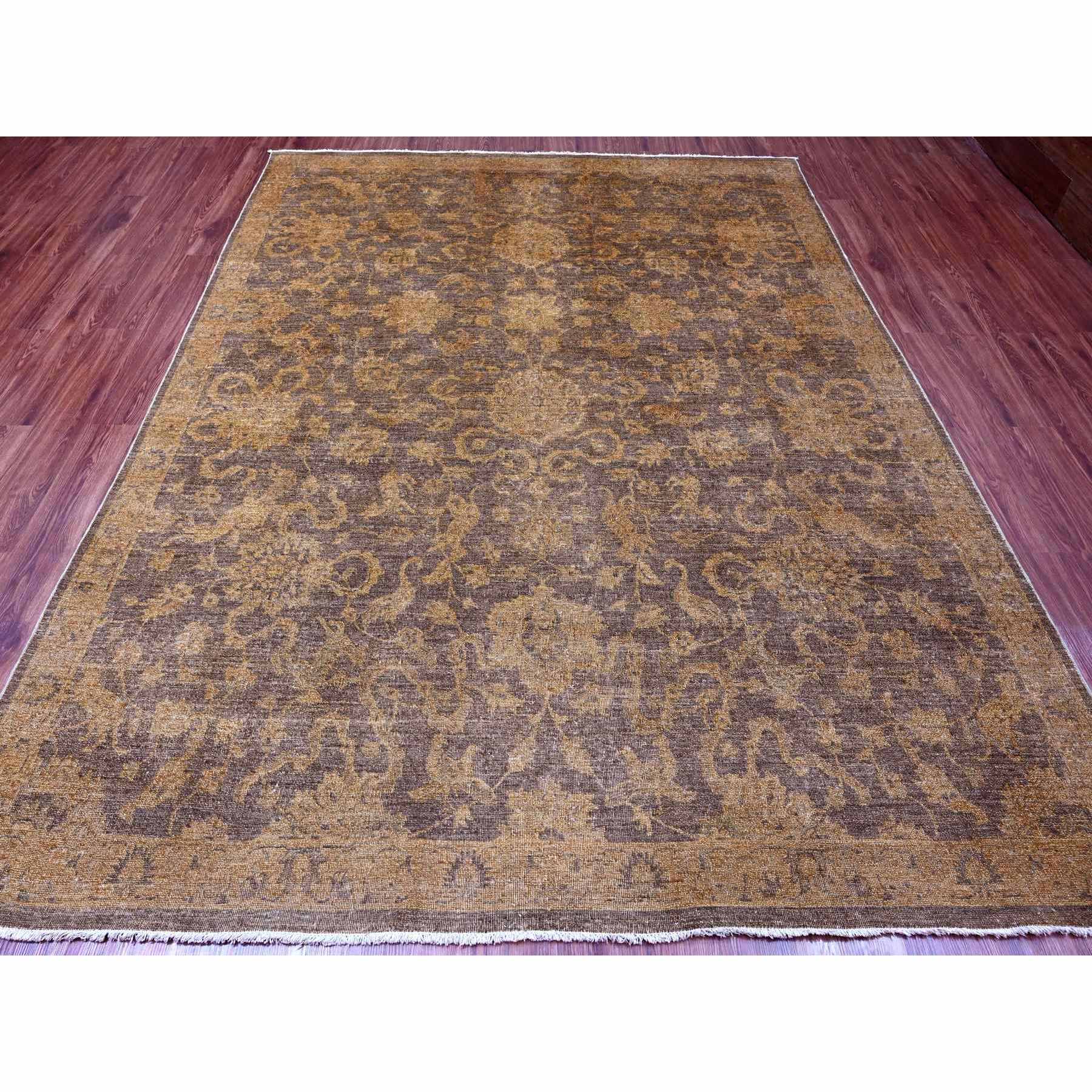 7'10"x10' Chocolate Brown, Peshawar with Ziegler Mahal, All Over Design, Distressed, Zero Pile, Hand Knotted, Pure Wool, Oriental Rug Sh20397
