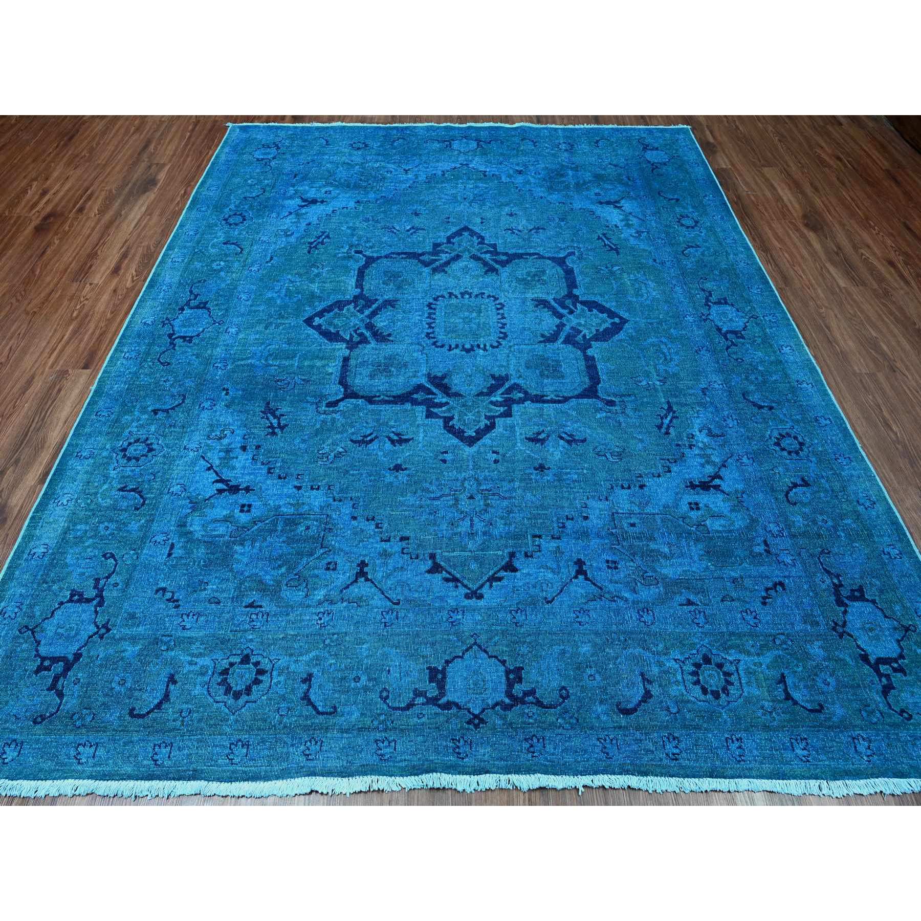 8'x9'7" Carolina Blue, Overdyed Peshawar with Heriz Design, Distressed, Zero Pile, Hand Knotted, 100% Wool, Oriental Rug Sh20398