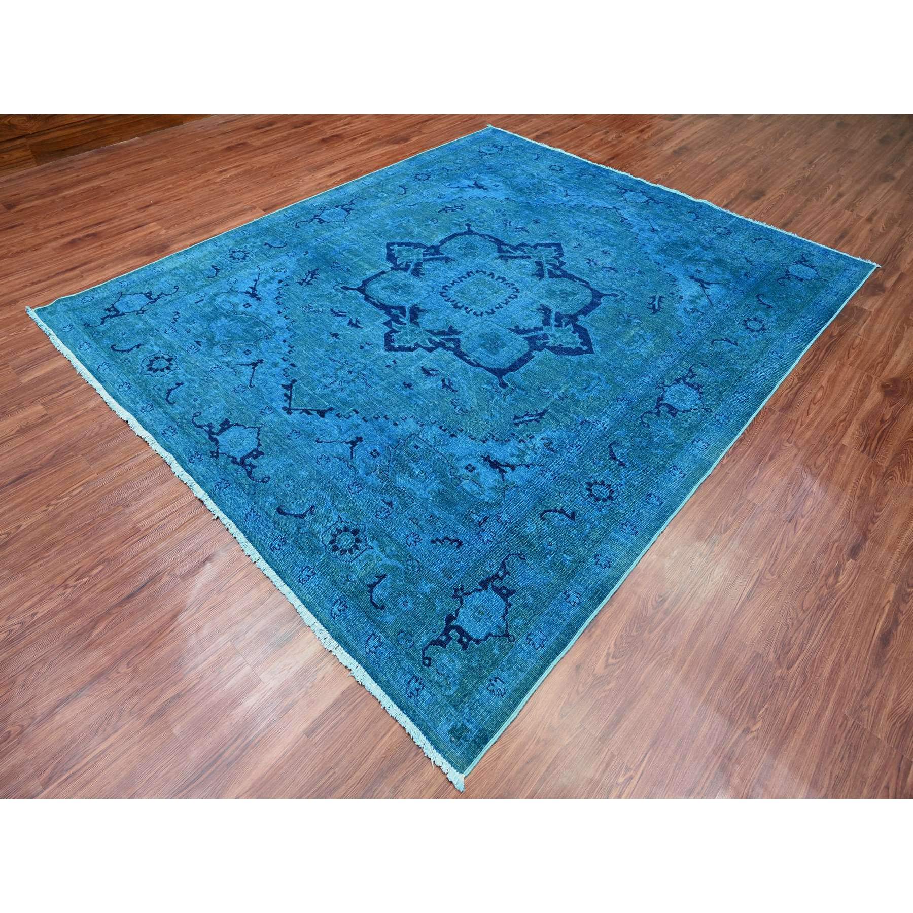 8'x9'7" Carolina Blue, Overdyed Peshawar with Heriz Design, Distressed, Zero Pile, Hand Knotted, 100% Wool, Oriental Rug Sh20398