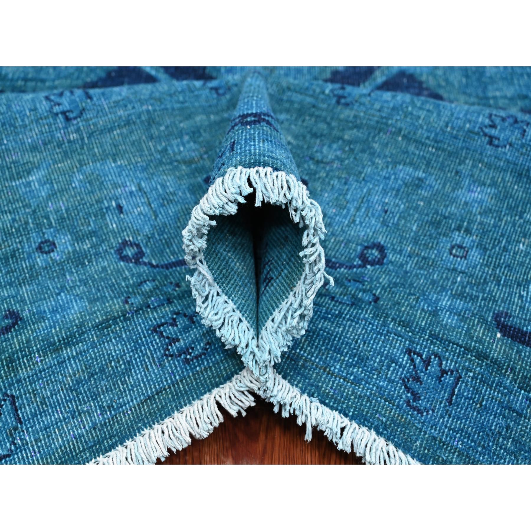 8'x9'7" Carolina Blue, Overdyed Peshawar with Heriz Design, Distressed, Zero Pile, Hand Knotted, 100% Wool, Oriental Rug Sh20398