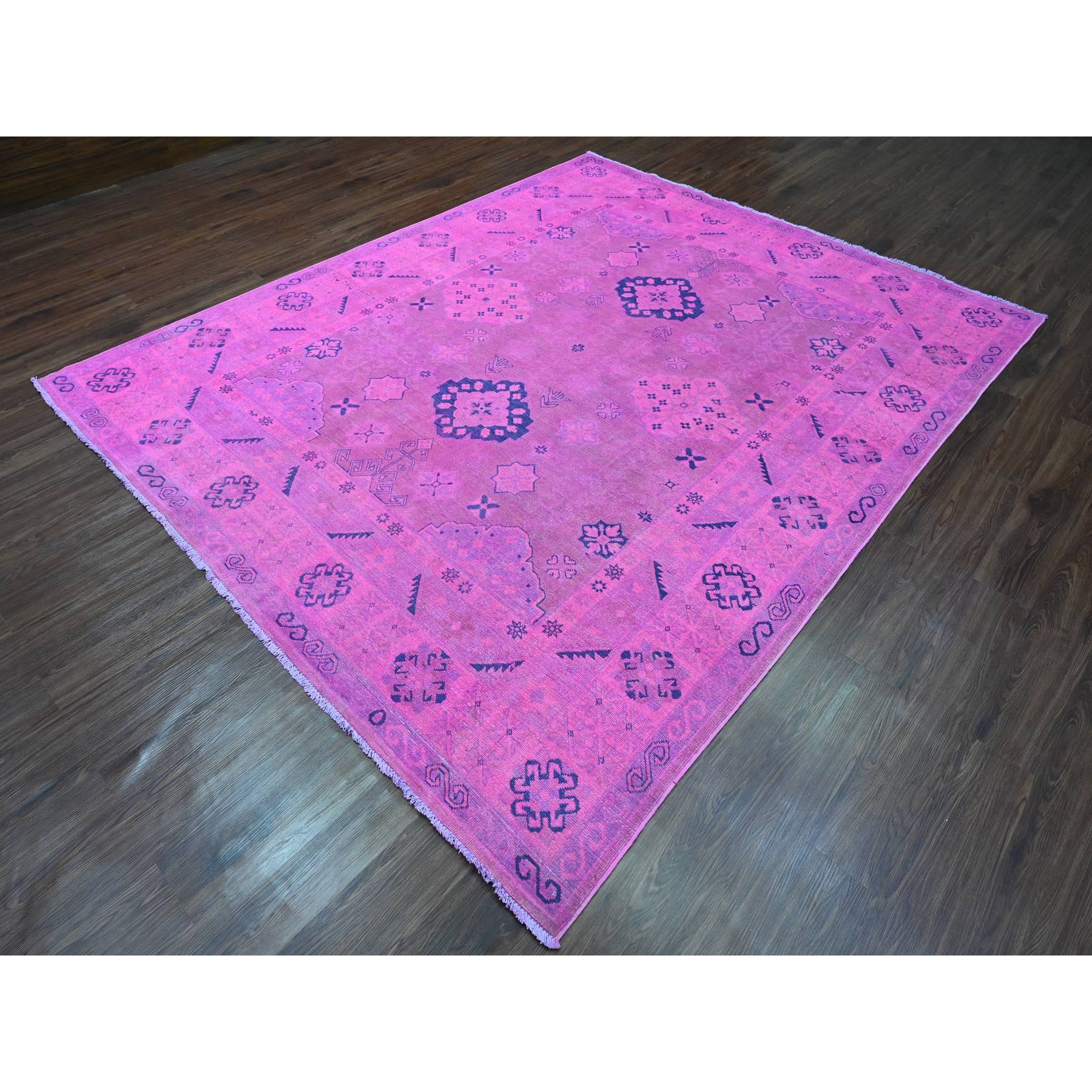 8'x9'7" Hot Pink, Overdyed Kazak with Geometric Design, Hand Knotted, 100% Wool, Oriental Rug Sh20401