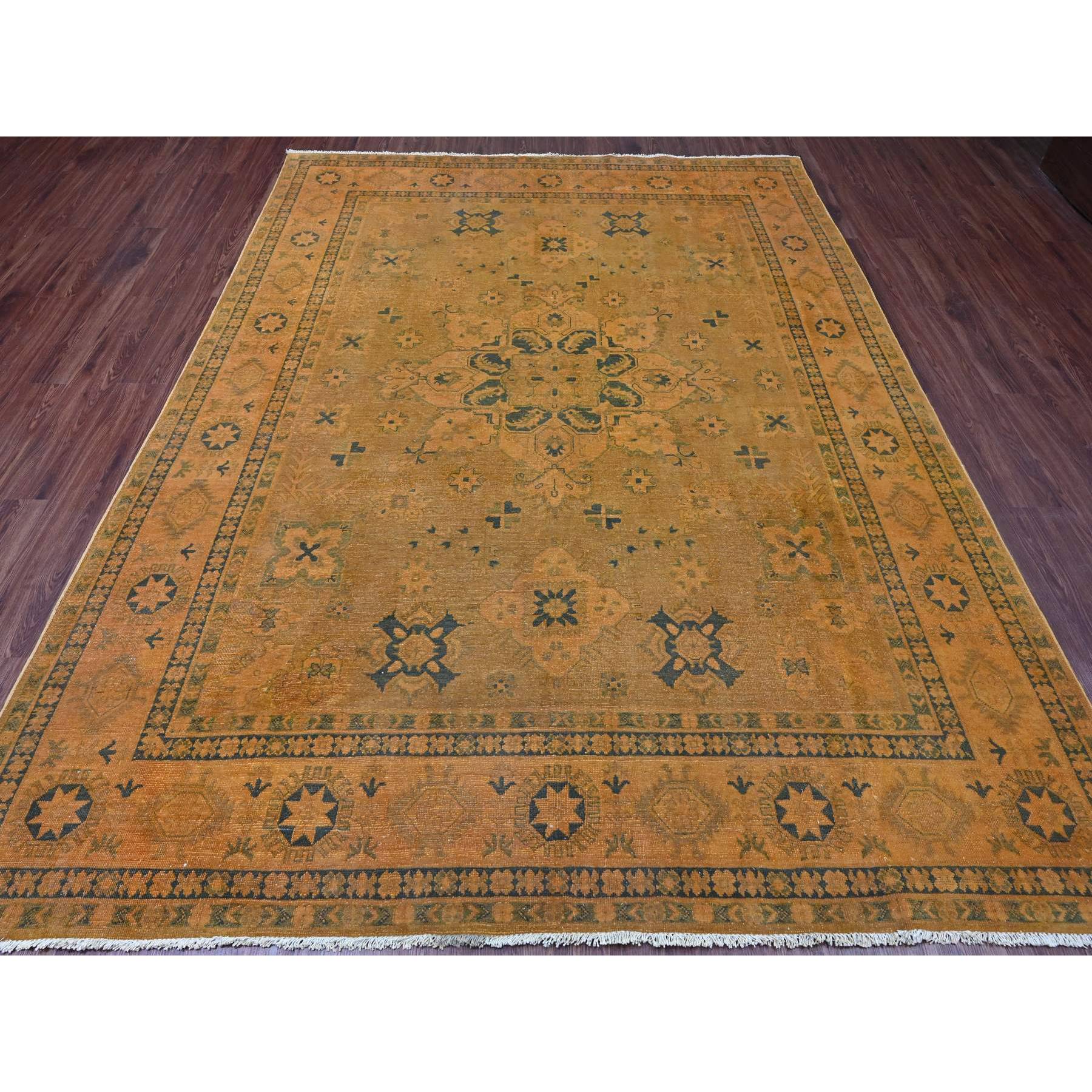 7'8"x9'10" Honey Brown, Overdyed Kazak with Flower Medallion Design, 100% Wool, Hand Knotted, Oriental Rug Sh20402