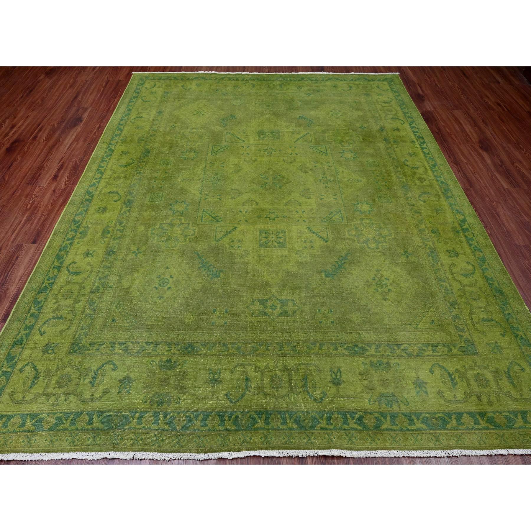 8'x9'6" Pickle Green, Overdyed Kazak with Geometric Pattern, Hand Knotted, Pure Wool, Oriental Rug Sh20403